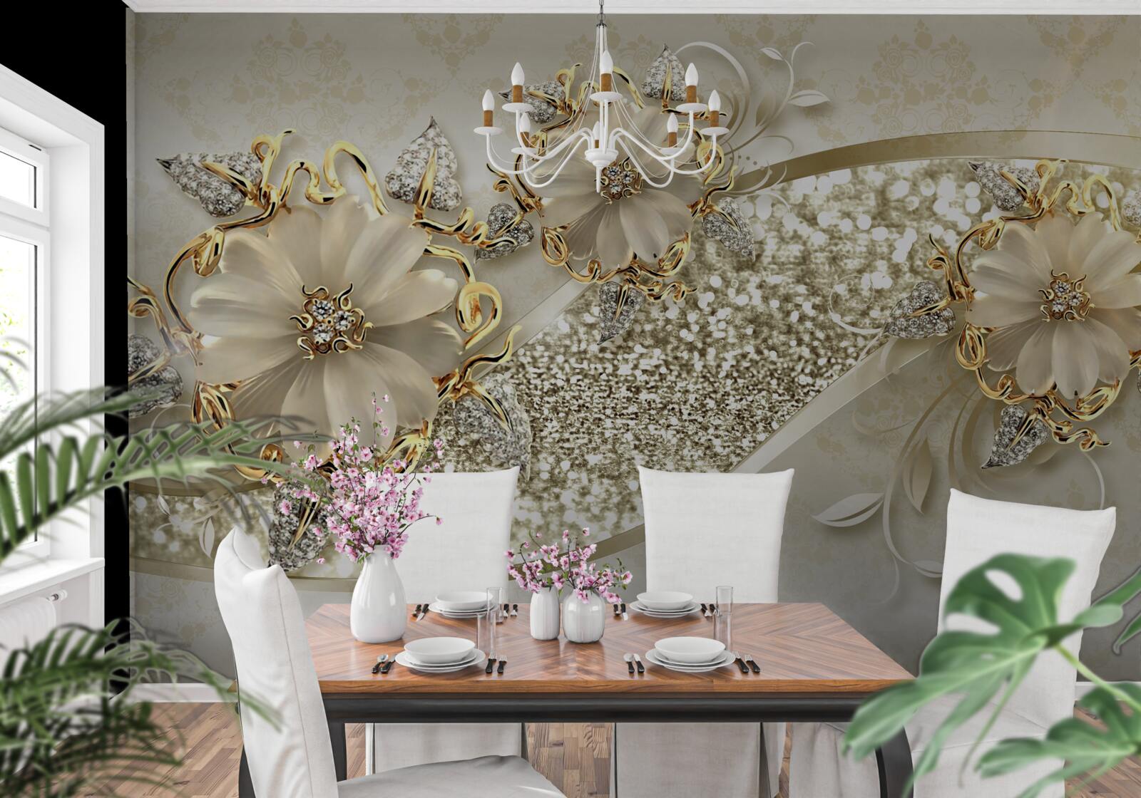 Fotobehang boeketten op een gouden muur