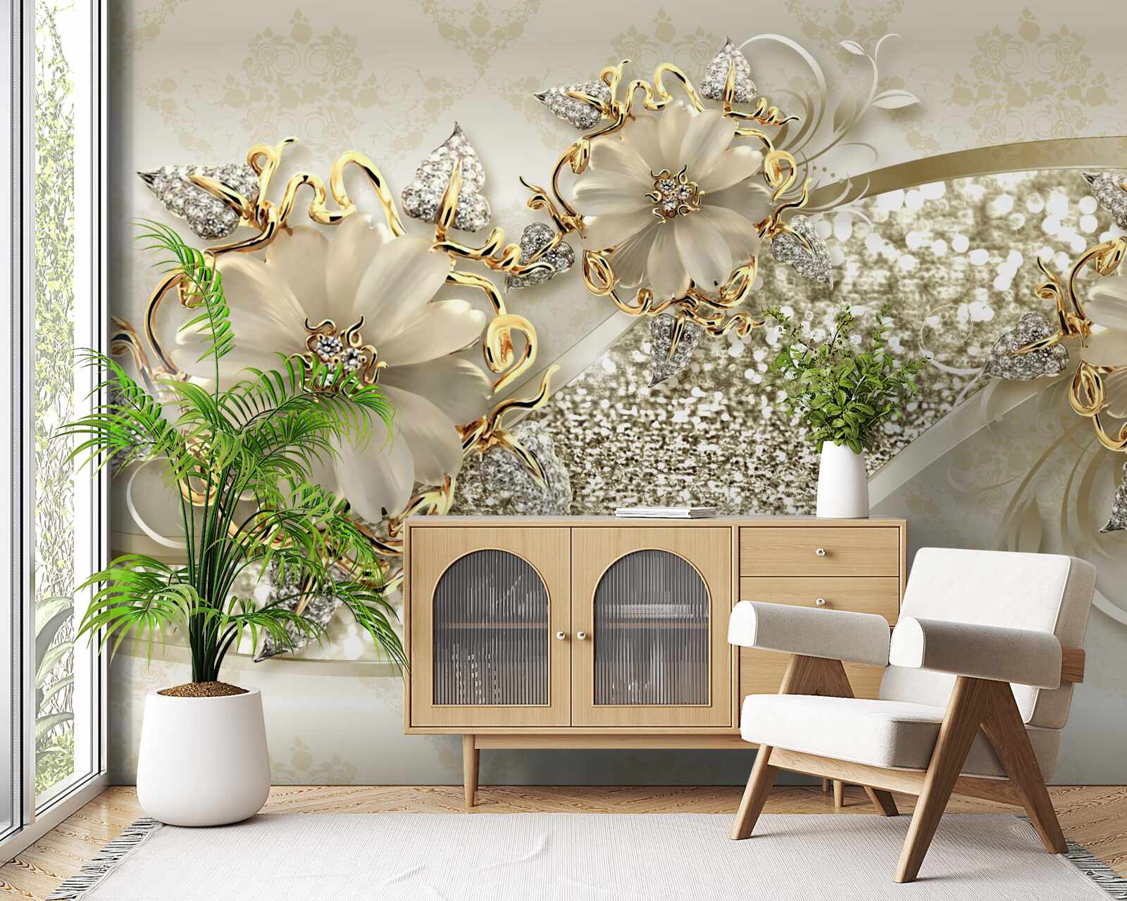 Fotobehang boeketten op een gouden muur