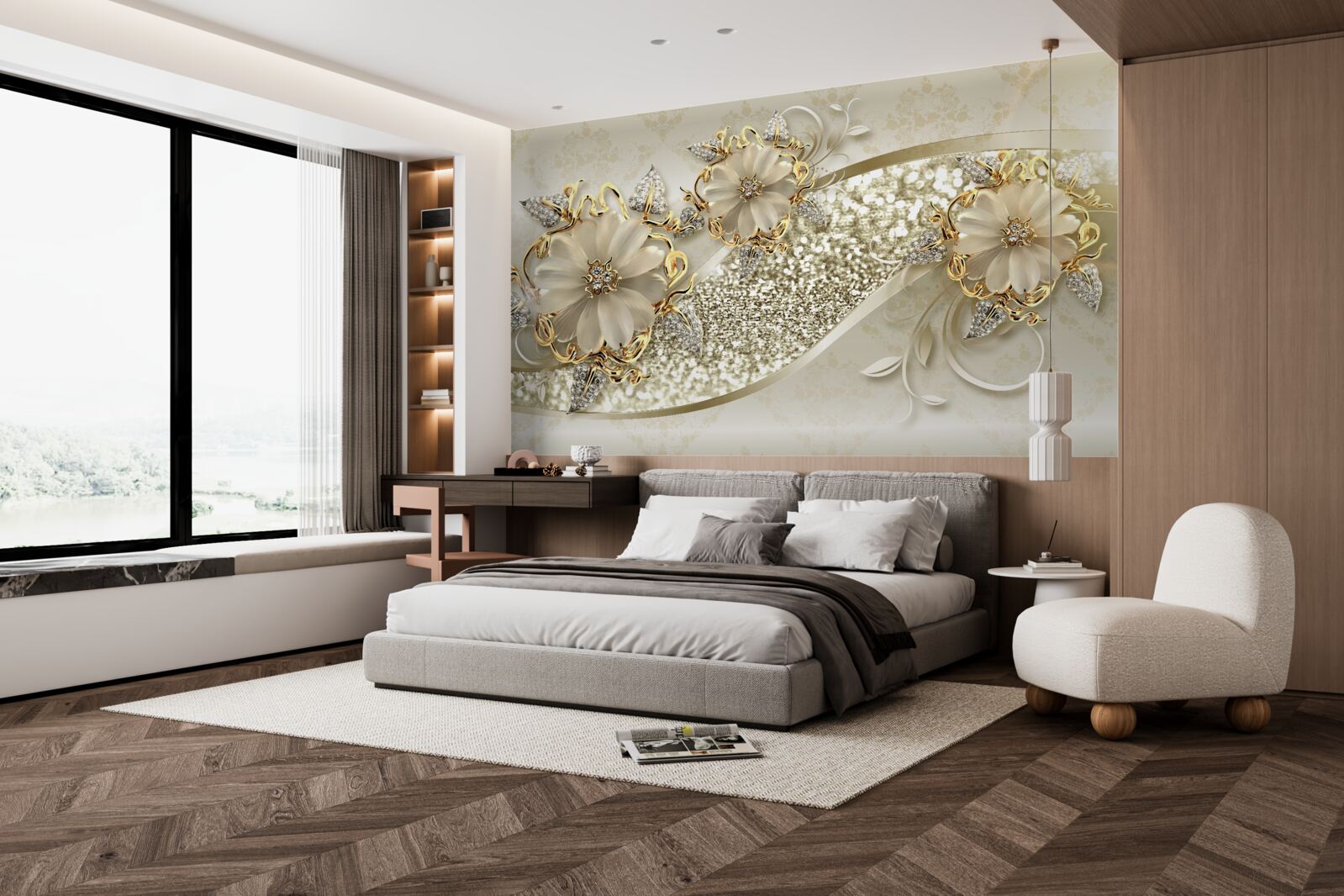 Fotobehang boeketten op een gouden muur