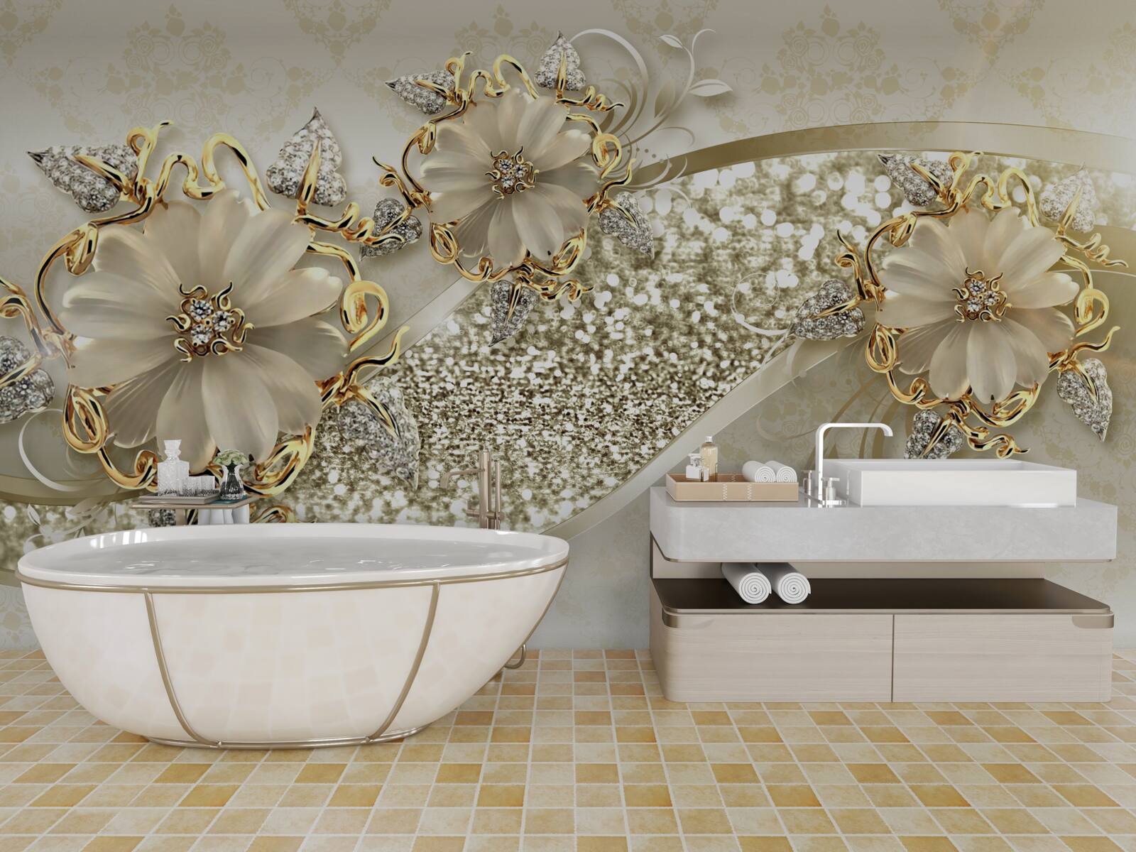 Fotobehang boeketten op een gouden muur