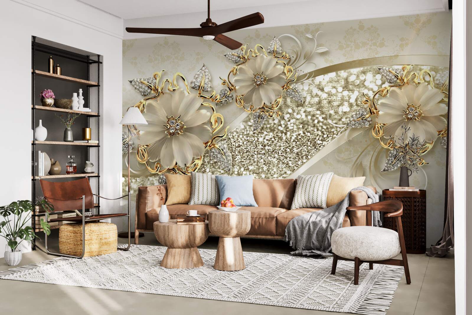 Fotobehang boeketten op een gouden muur