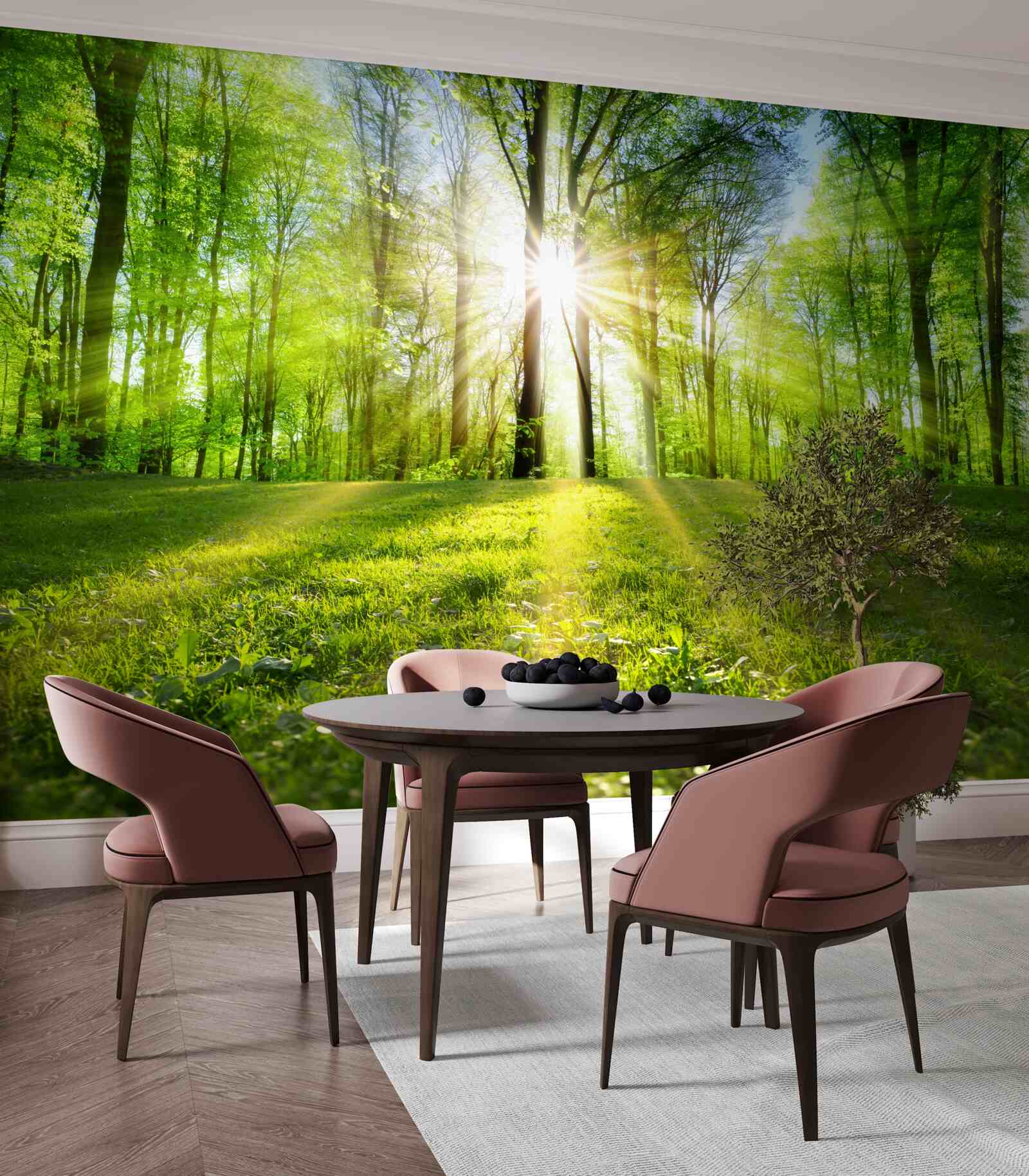 Fotobehang de zonnestralen dringen door de bomen