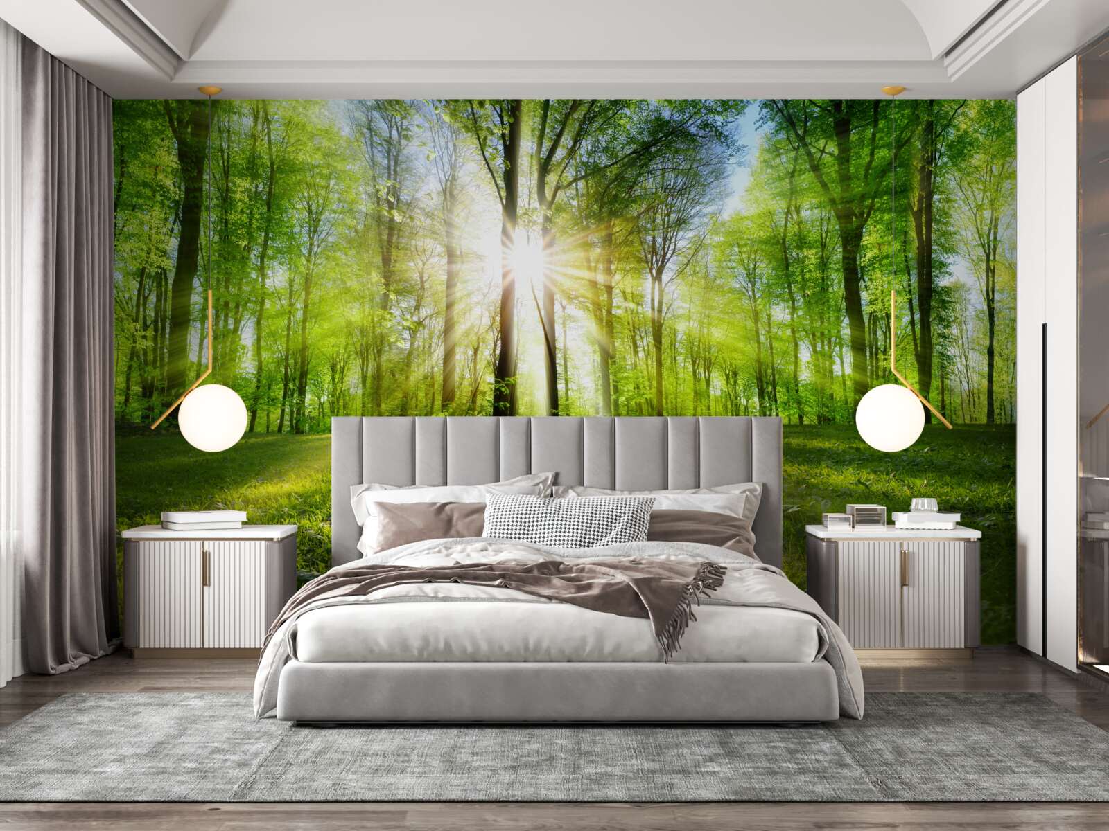 Fotobehang de zonnestralen dringen door de bomen