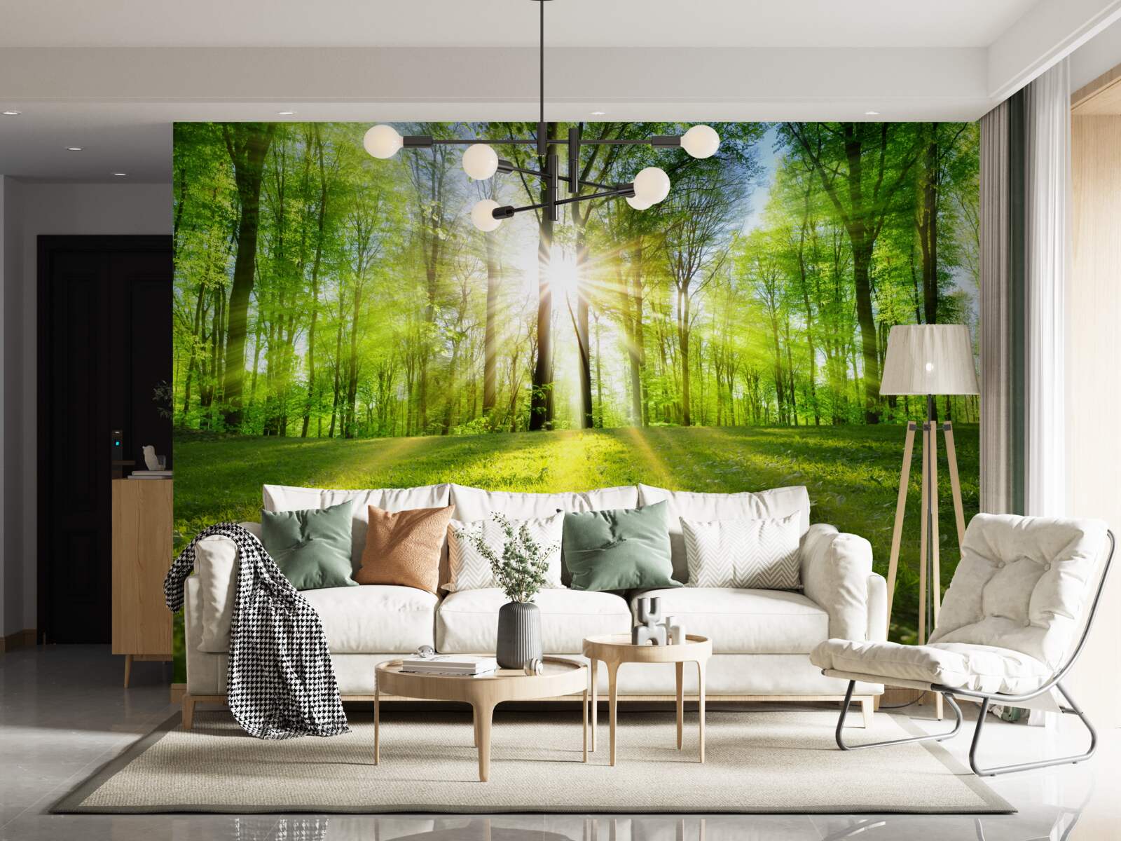 Fotobehang de zonnestralen dringen door de bomen