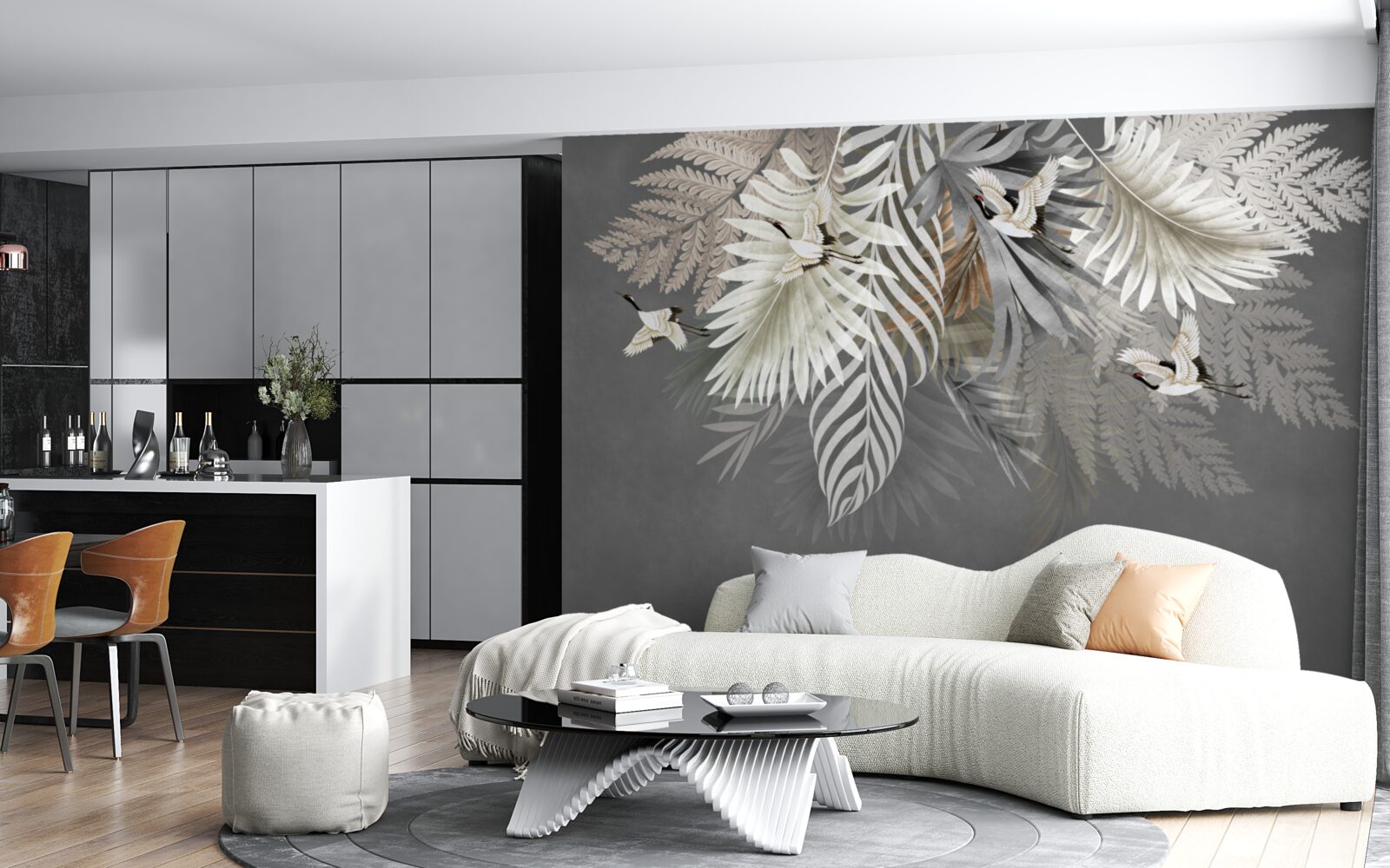 Fotobehang bladeren en vogels