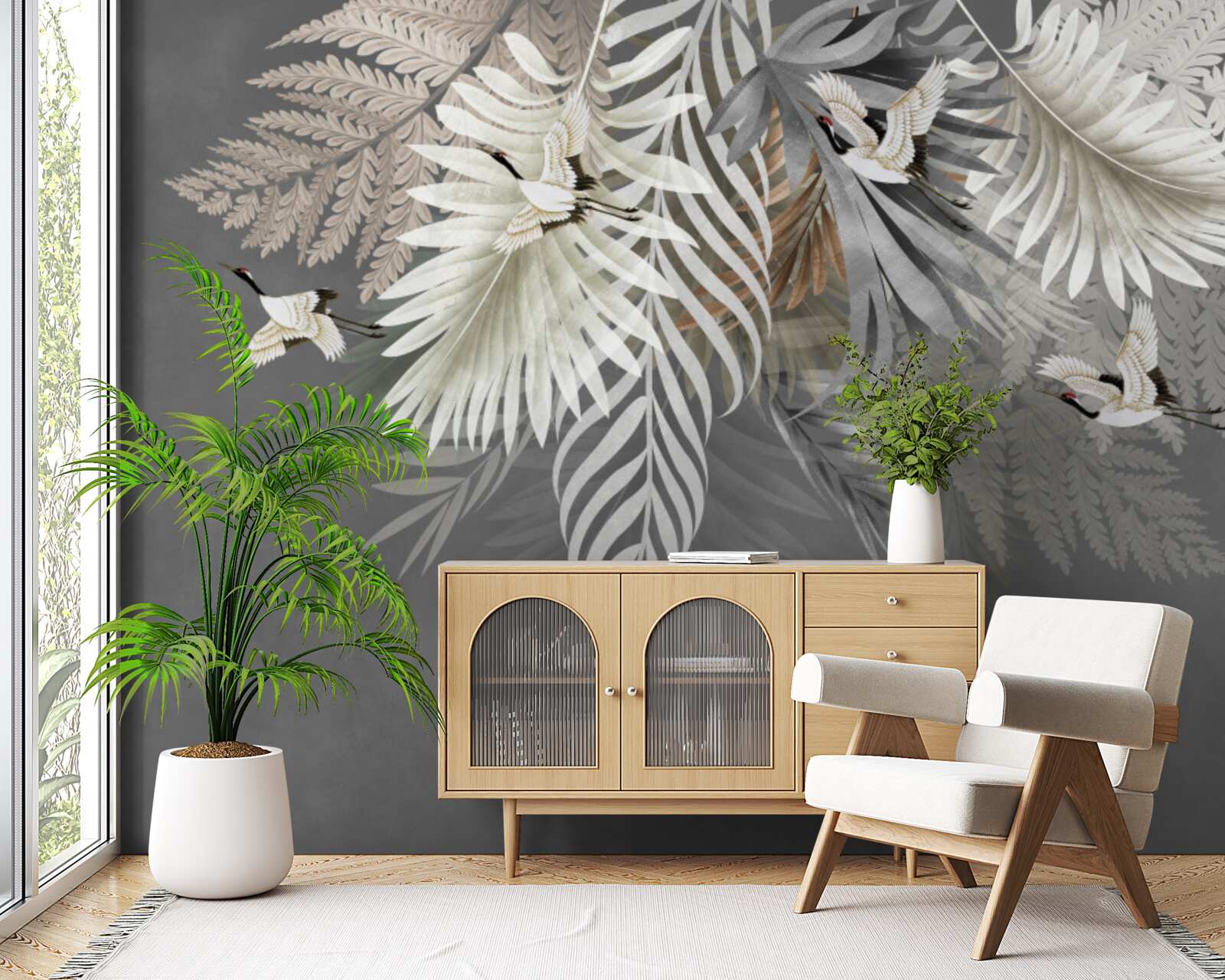 Fotobehang bladeren en vogels