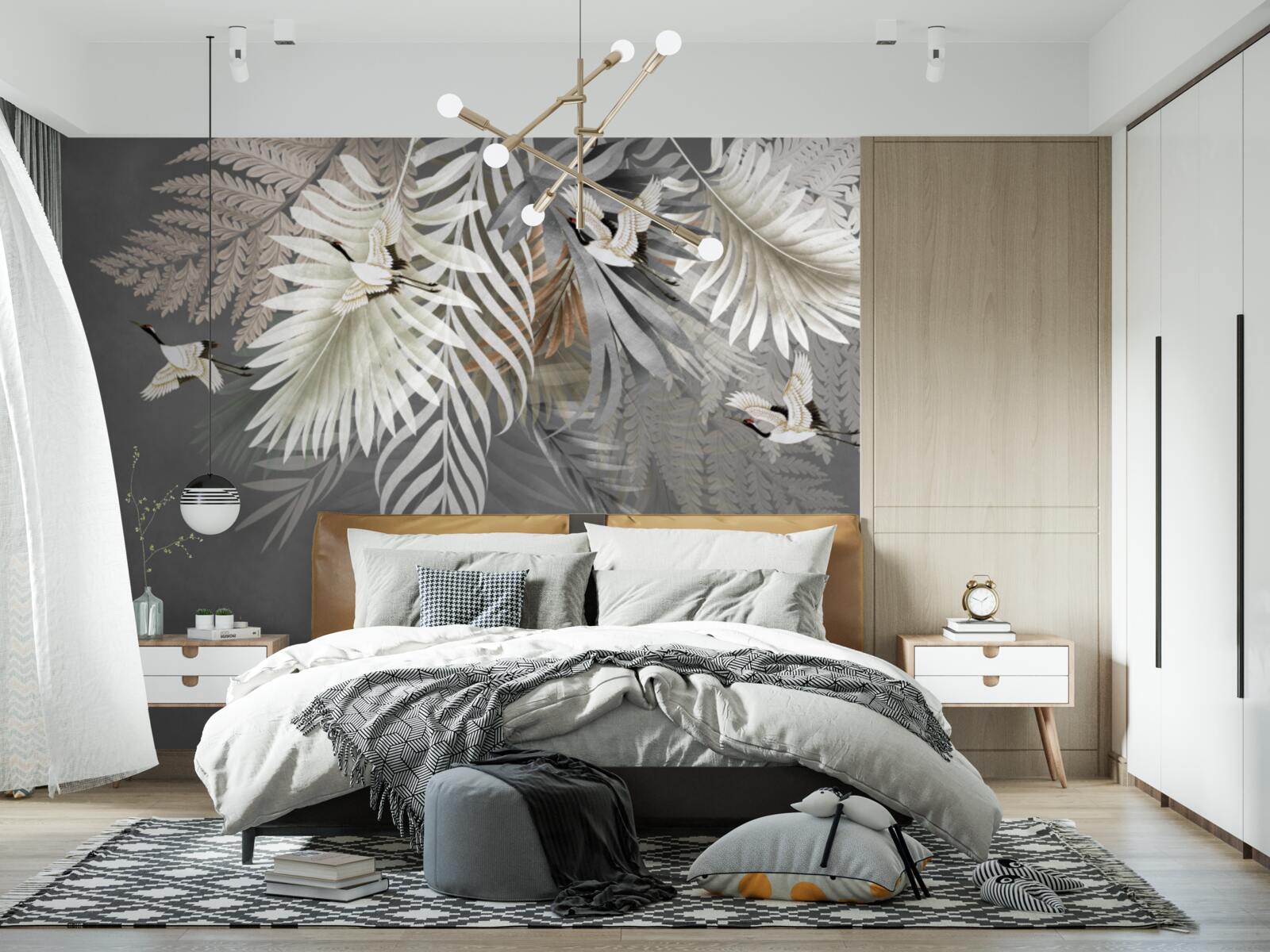 Fotobehang bladeren en vogels