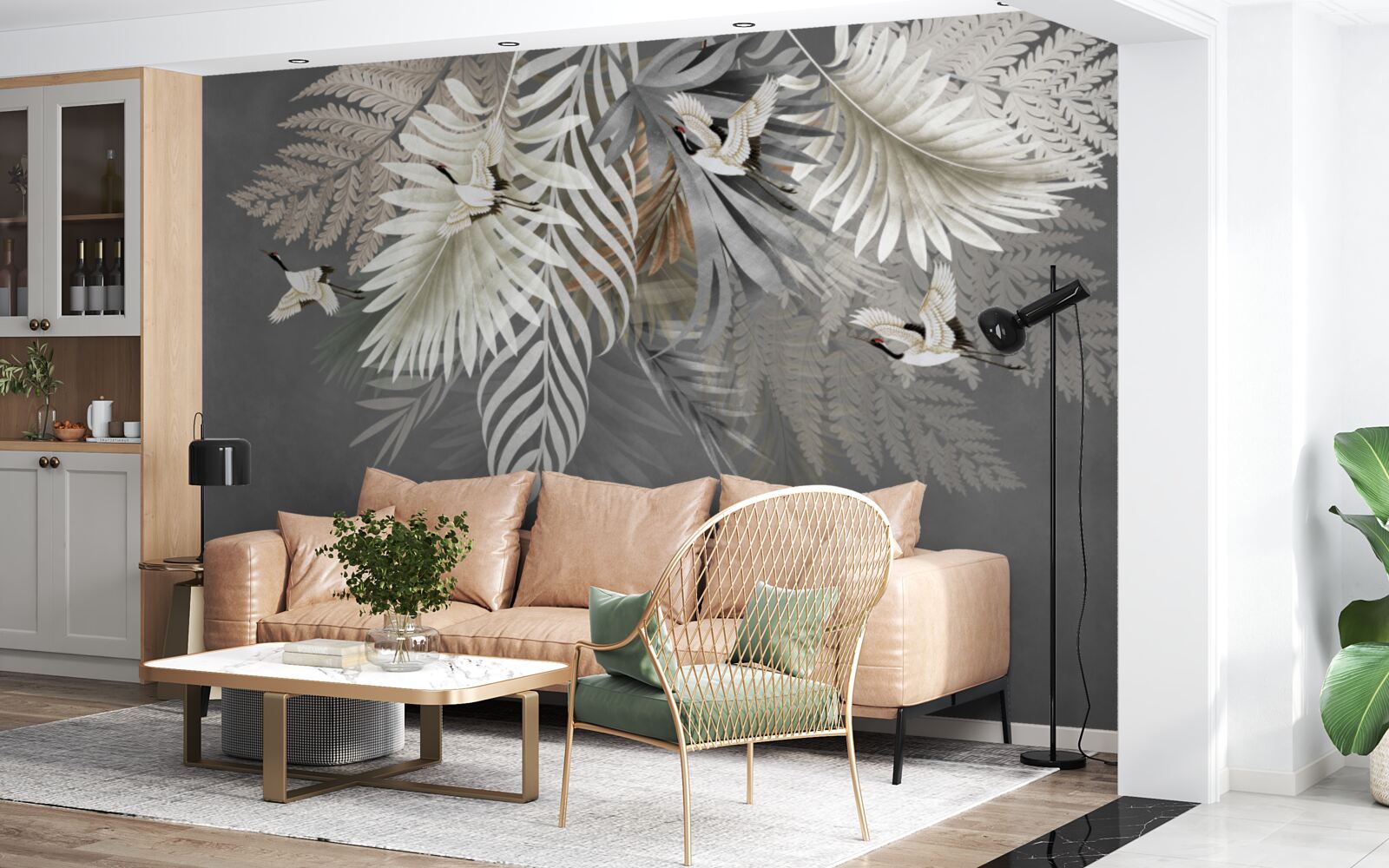 Fotobehang bladeren en vogels