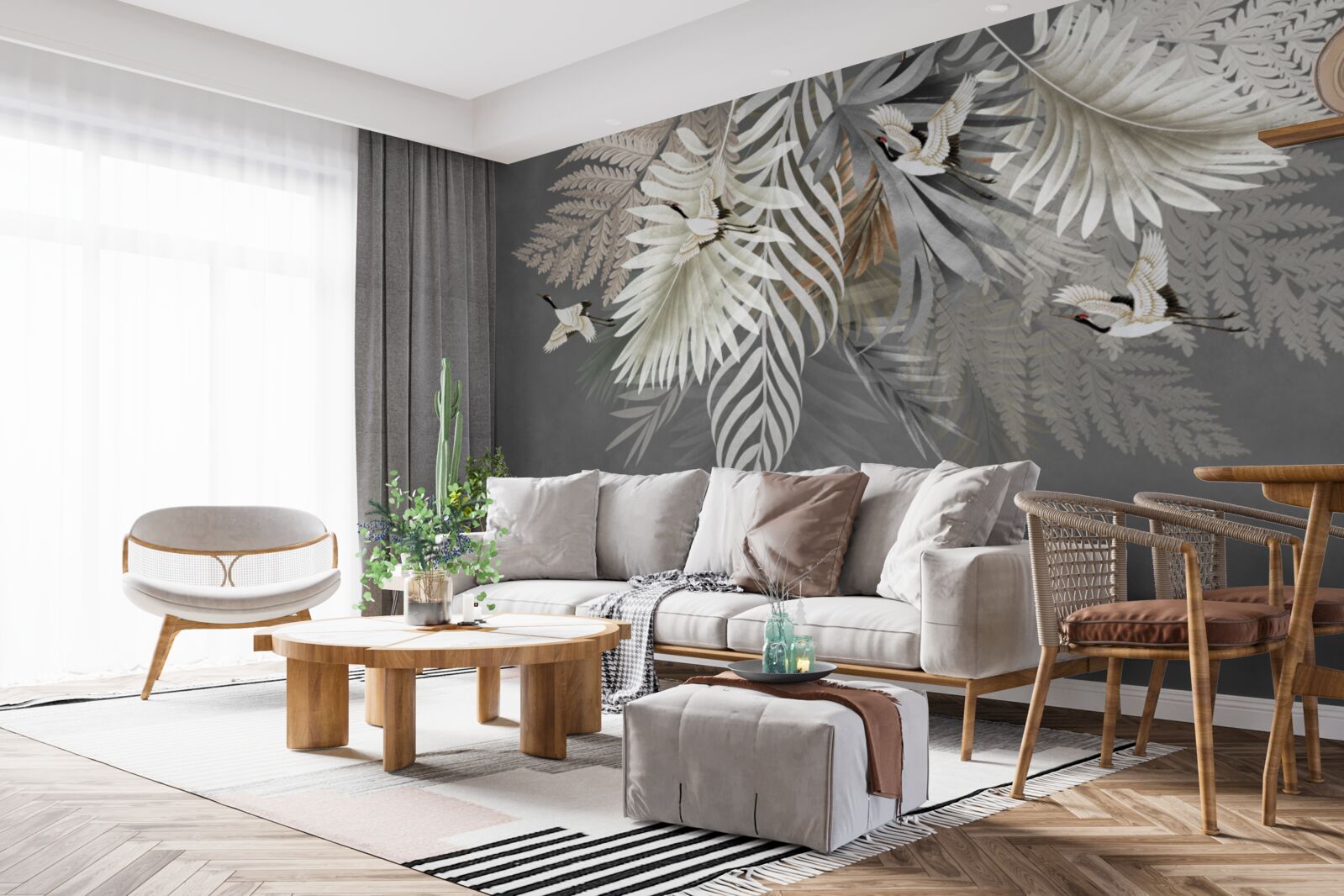 Fotobehang bladeren en vogels