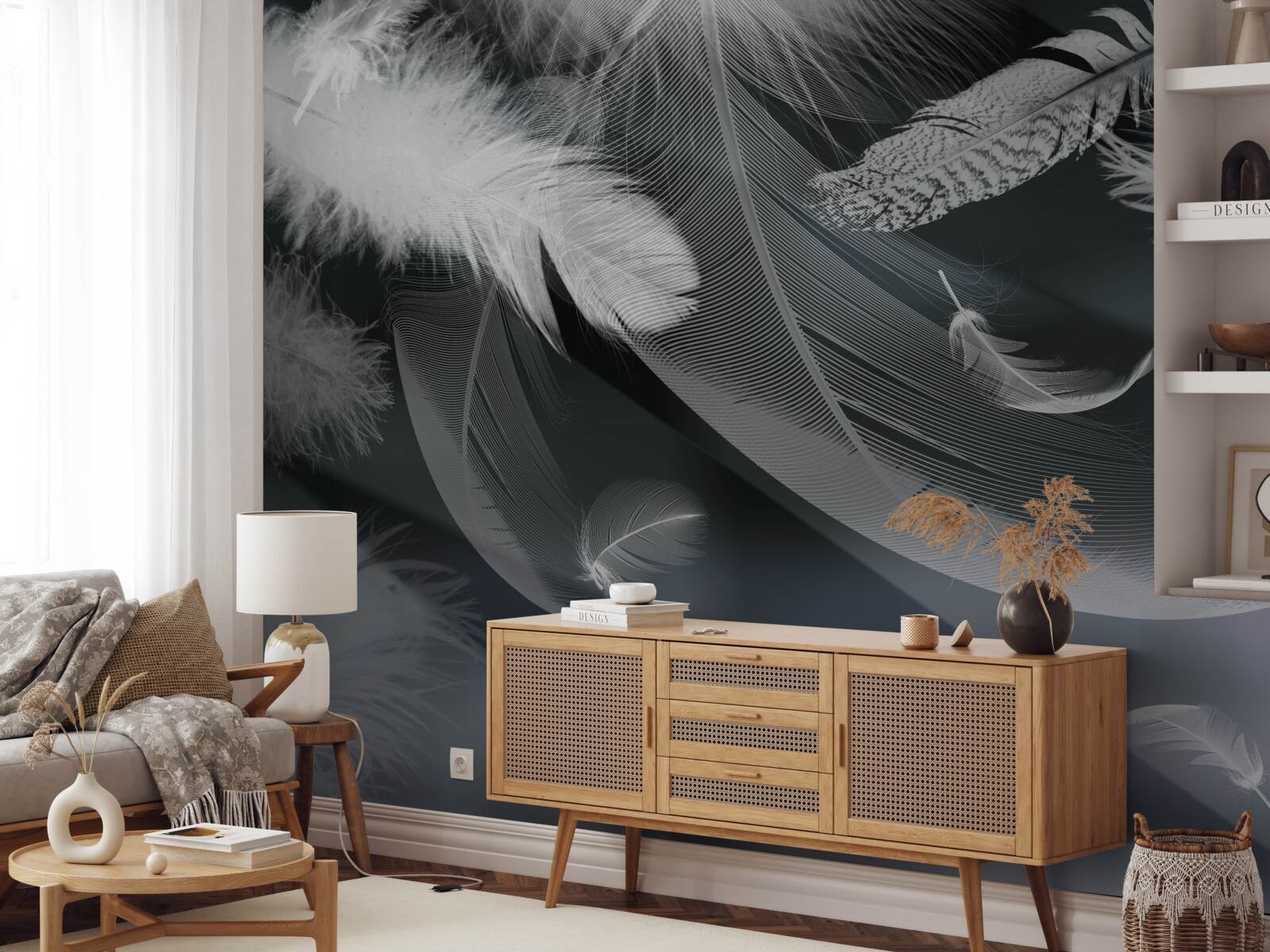 Fotobehang donkere achtergrond versierd met veren