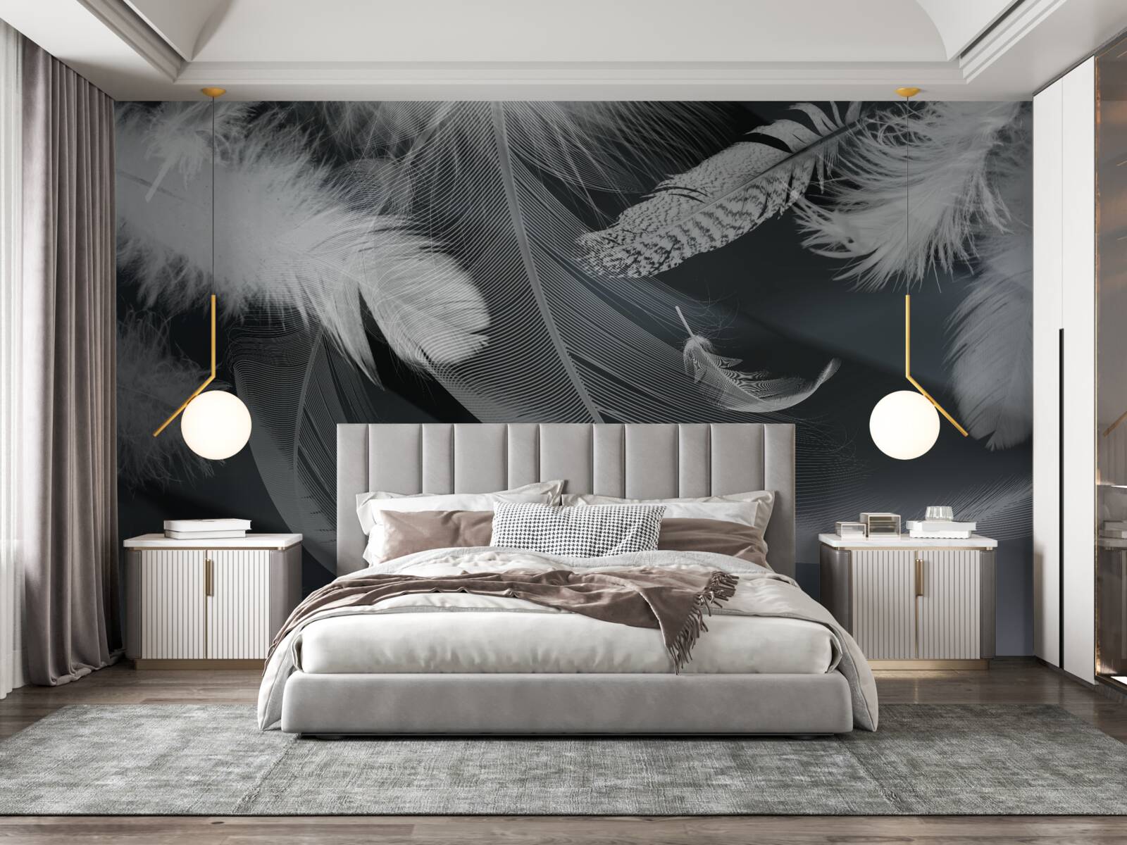 Fotobehang donkere achtergrond versierd met veren