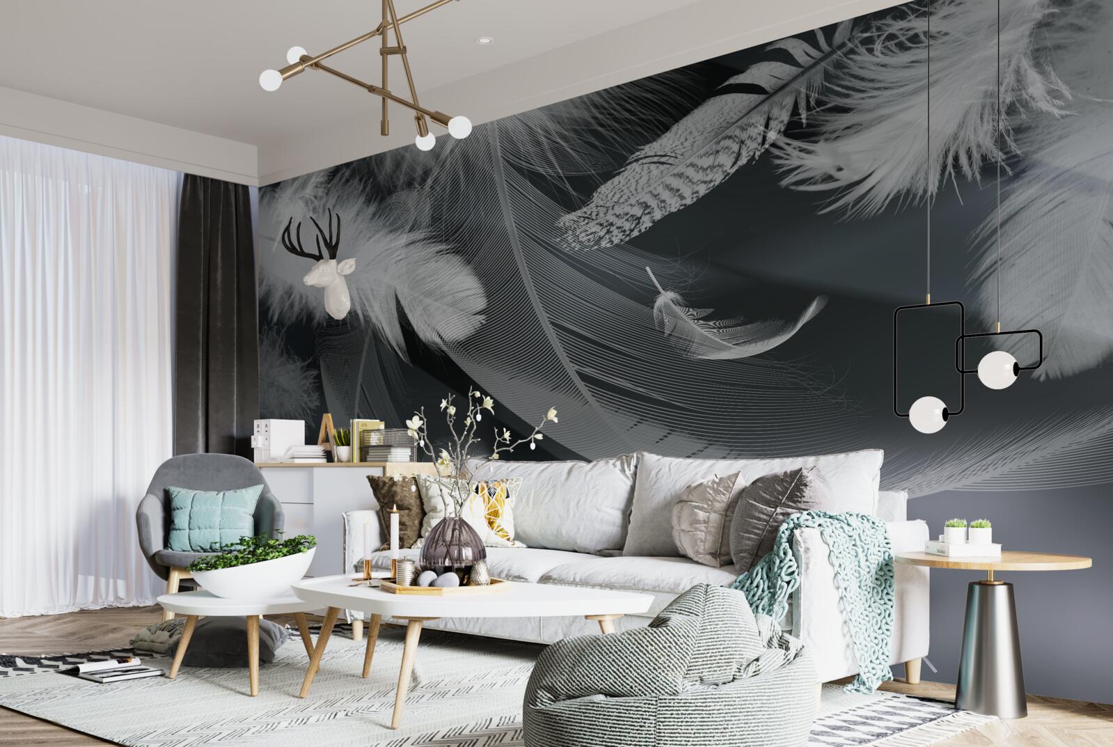 Fotobehang donkere achtergrond versierd met veren