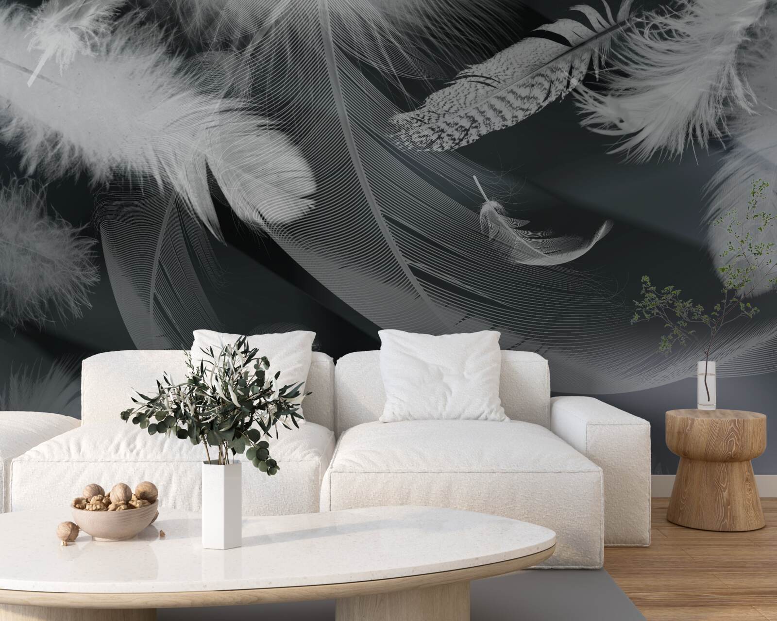 Fotobehang donkere achtergrond versierd met veren