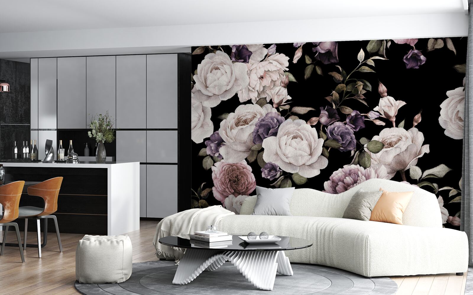 Fotobehang donkere achtergrond versierd met pioenrozen