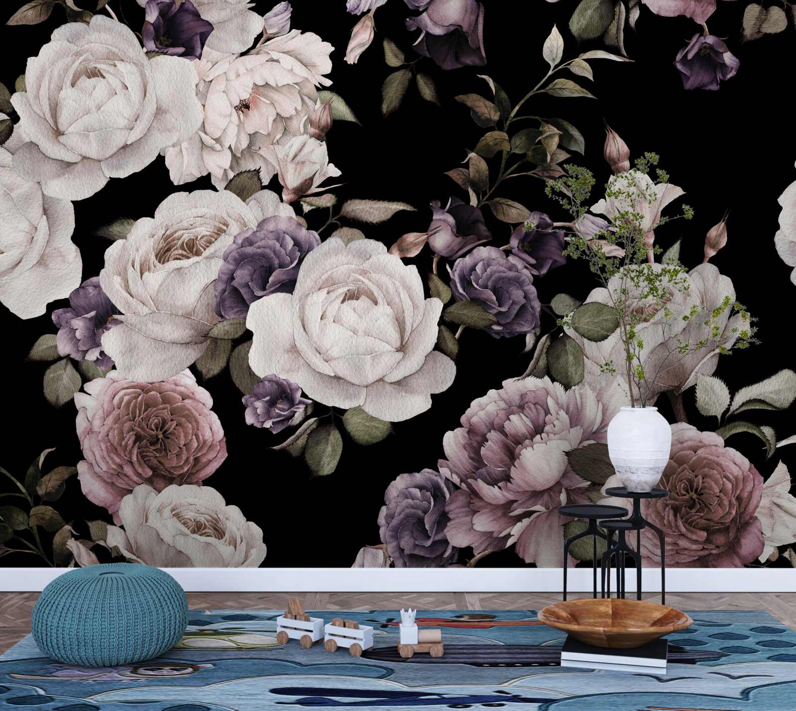 Fotobehang donkere achtergrond versierd met pioenrozen