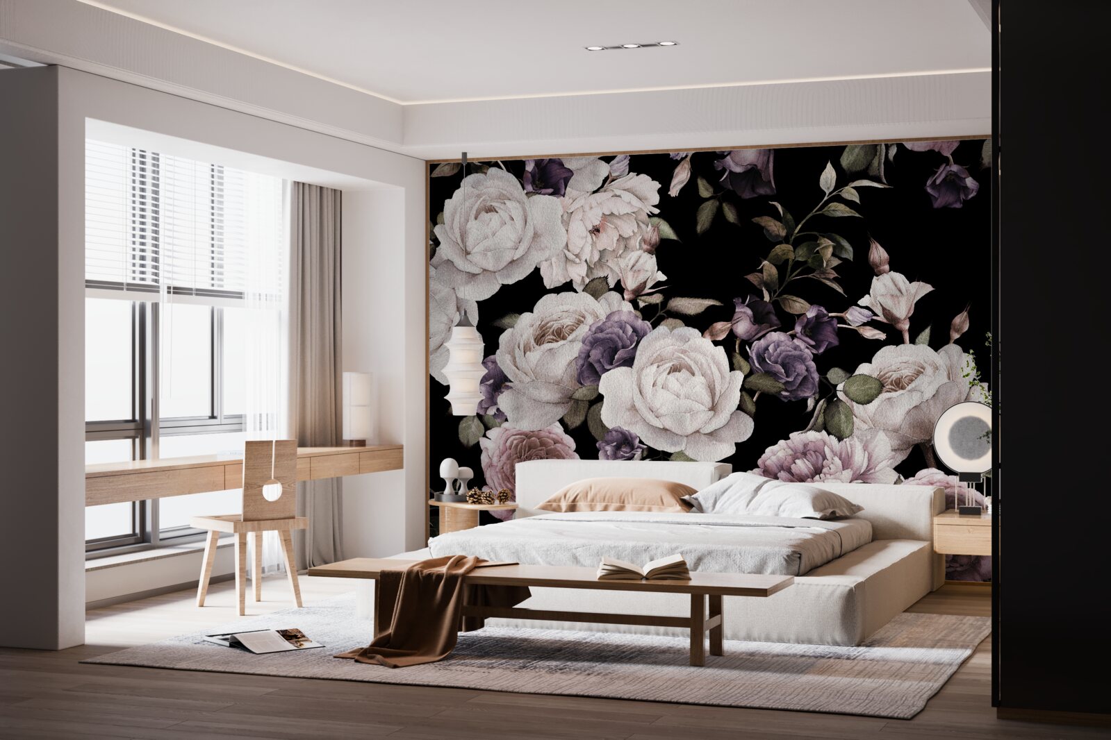 Fotobehang donkere achtergrond versierd met pioenrozen