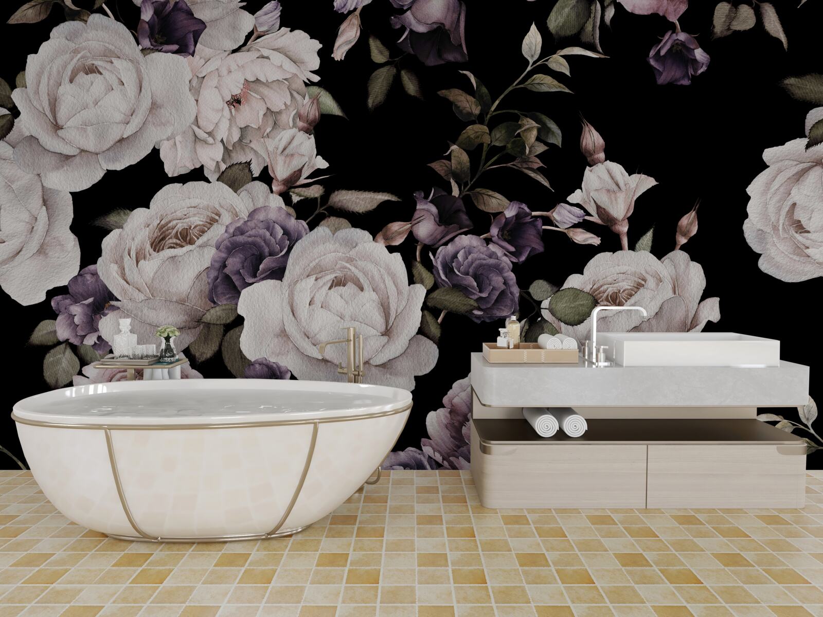 Fotobehang donkere achtergrond versierd met pioenrozen