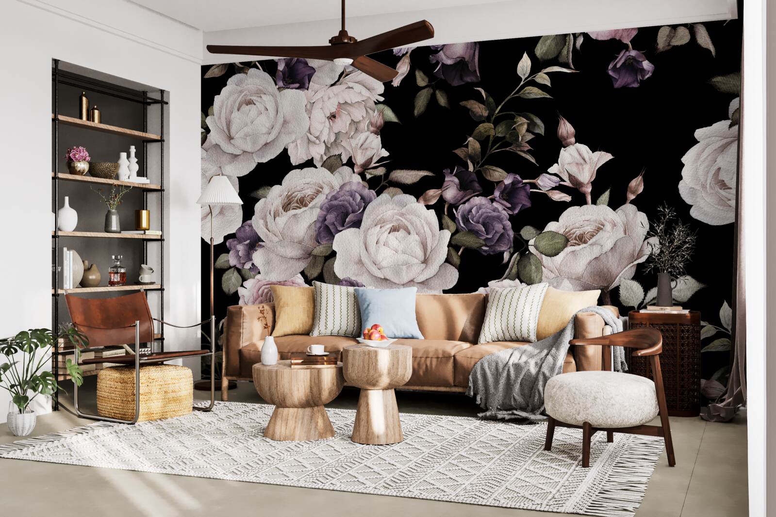 Fotobehang donkere achtergrond versierd met pioenrozen