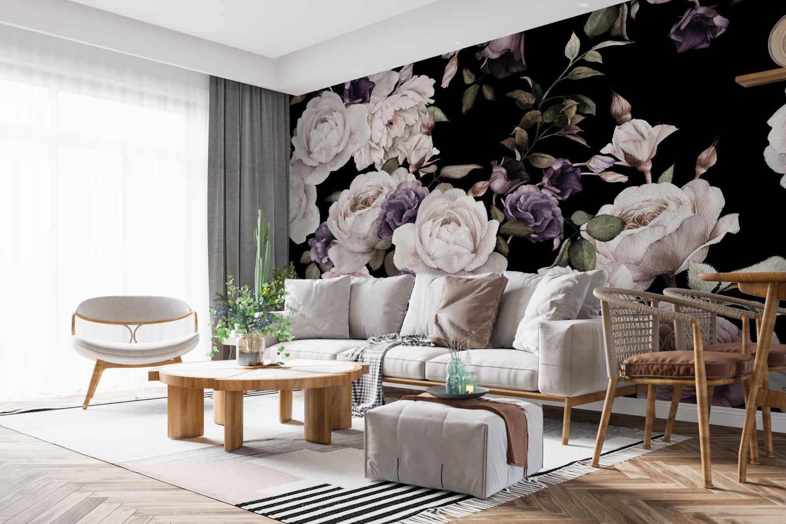 Fotobehang donkere achtergrond versierd met pioenrozen