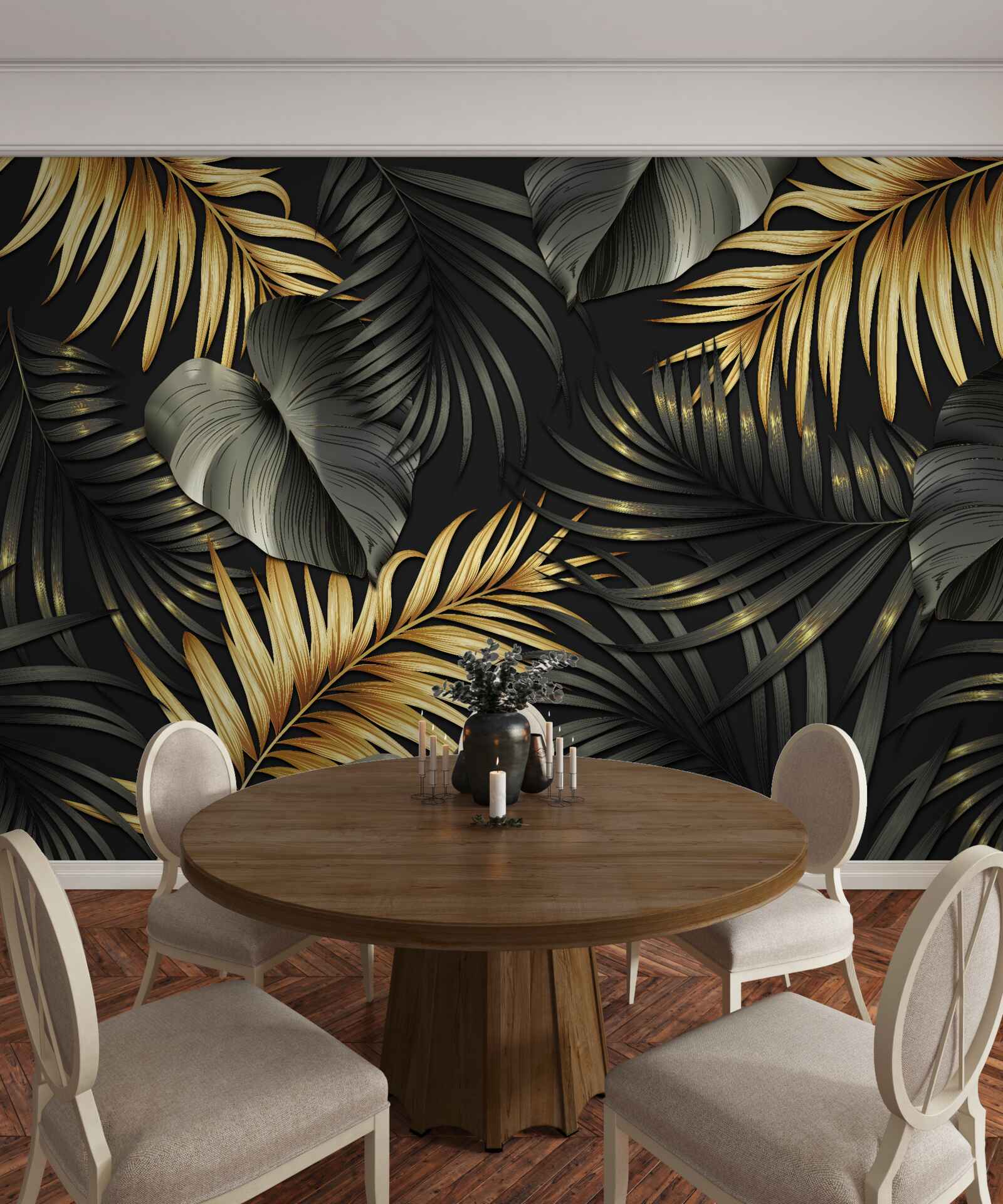 Fotobehang takken bezaaid met groene bladeren