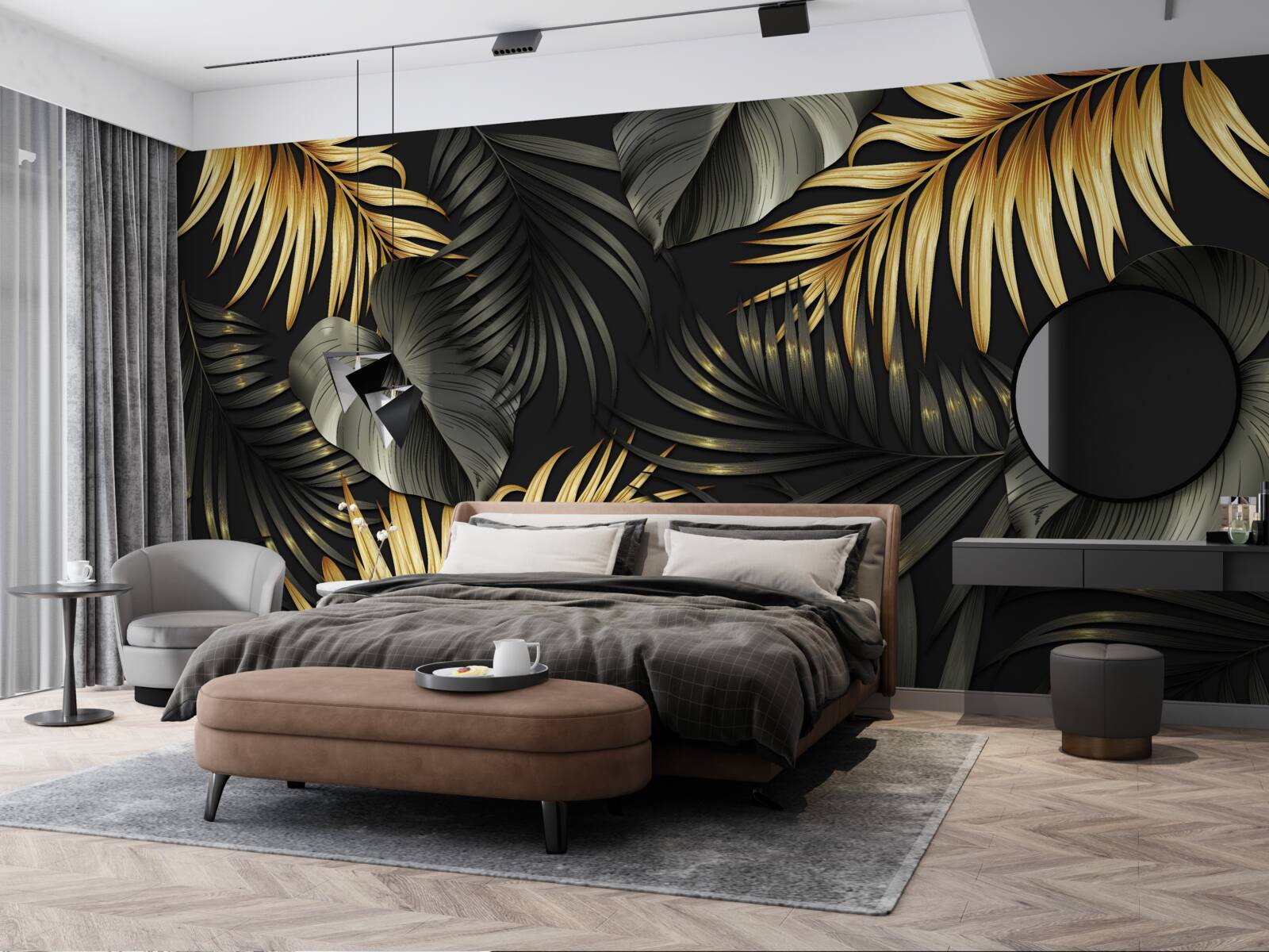 Fotobehang takken bezaaid met groene bladeren