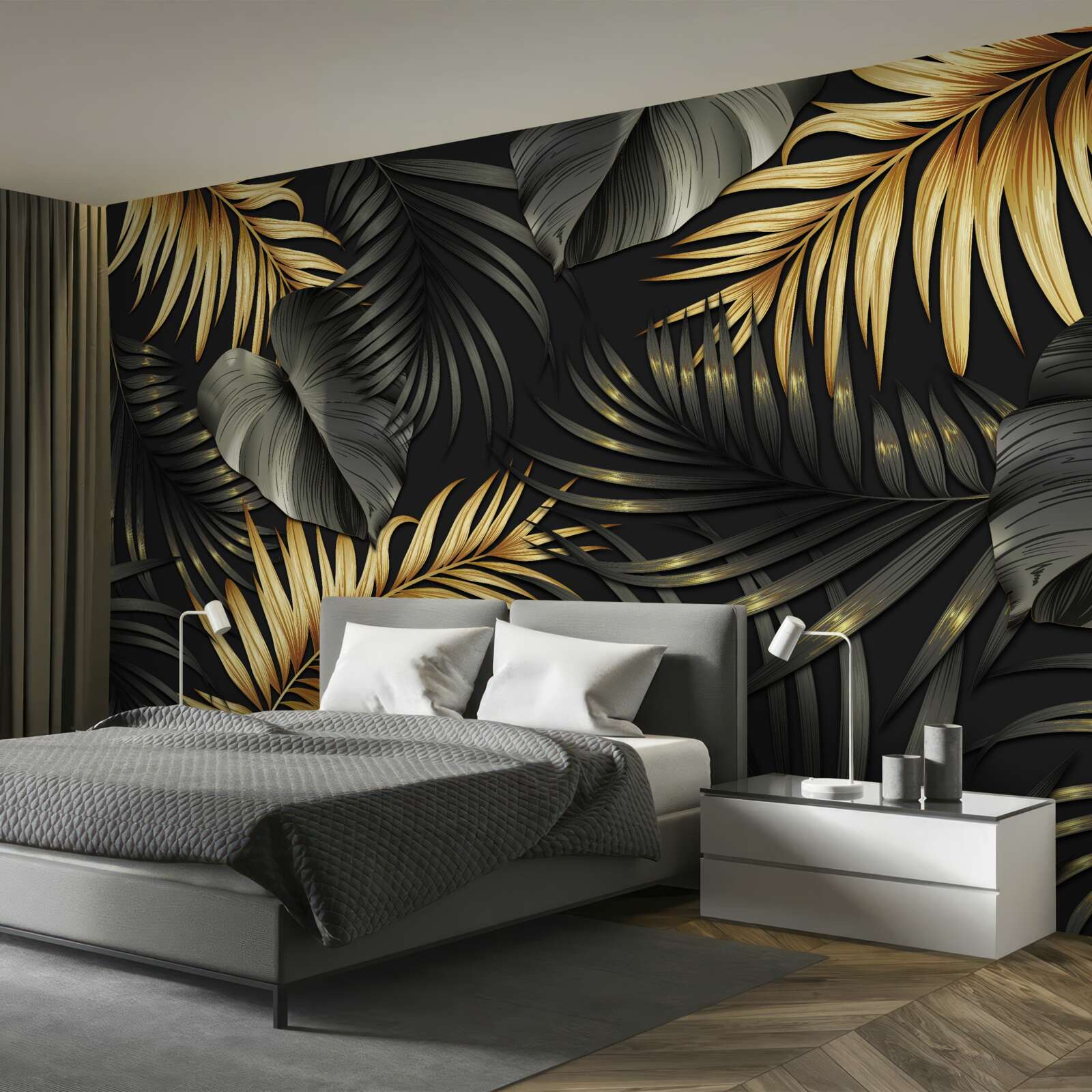 Fotobehang takken bezaaid met groene bladeren