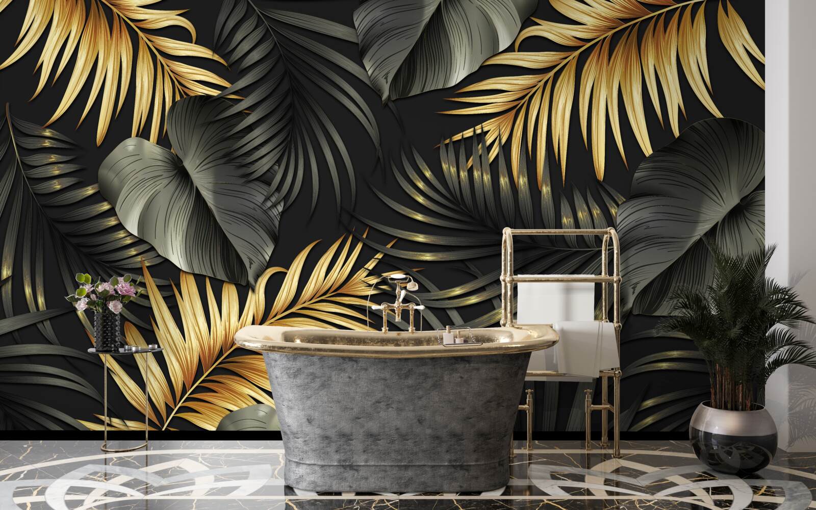 Fotobehang takken bezaaid met groene bladeren