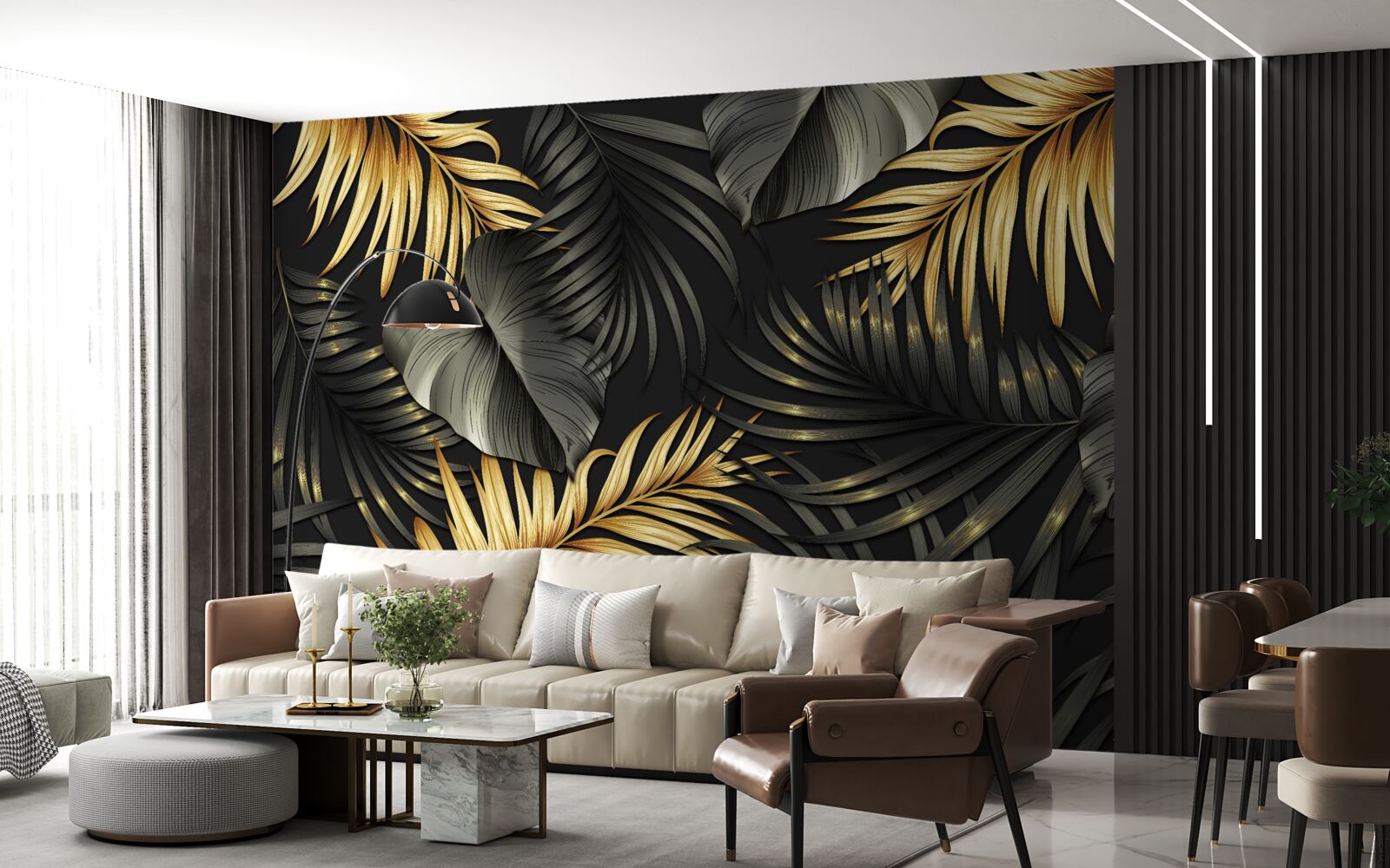 Fotobehang takken bezaaid met groene bladeren