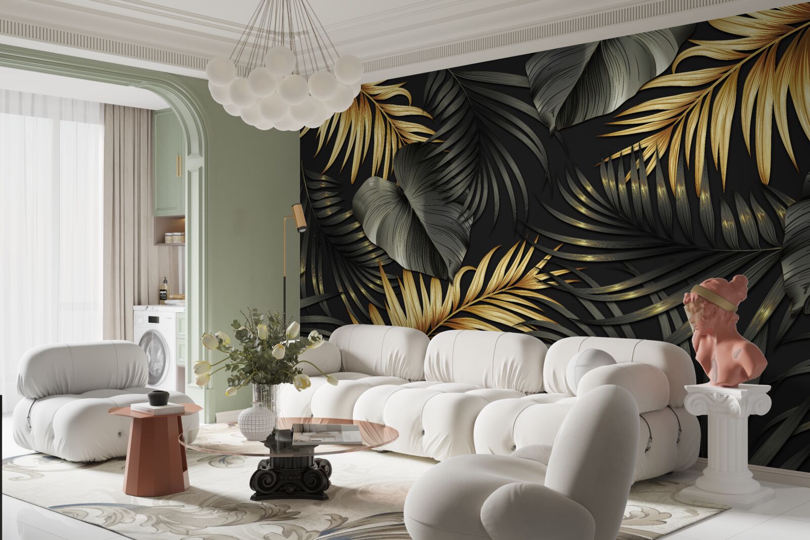 Fotobehang takken bezaaid met groene bladeren