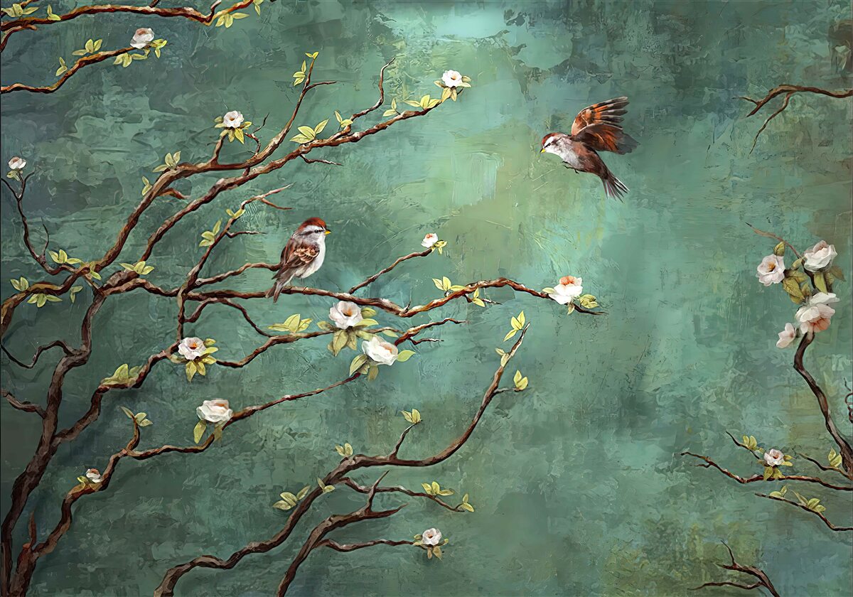 Fotobehang takken zijn bezaaid met vogels