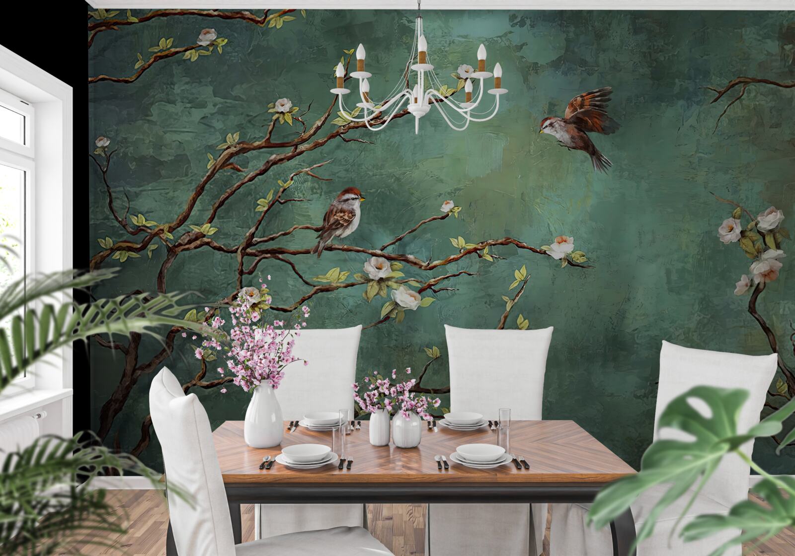 Fotobehang takken zijn bezaaid met vogels