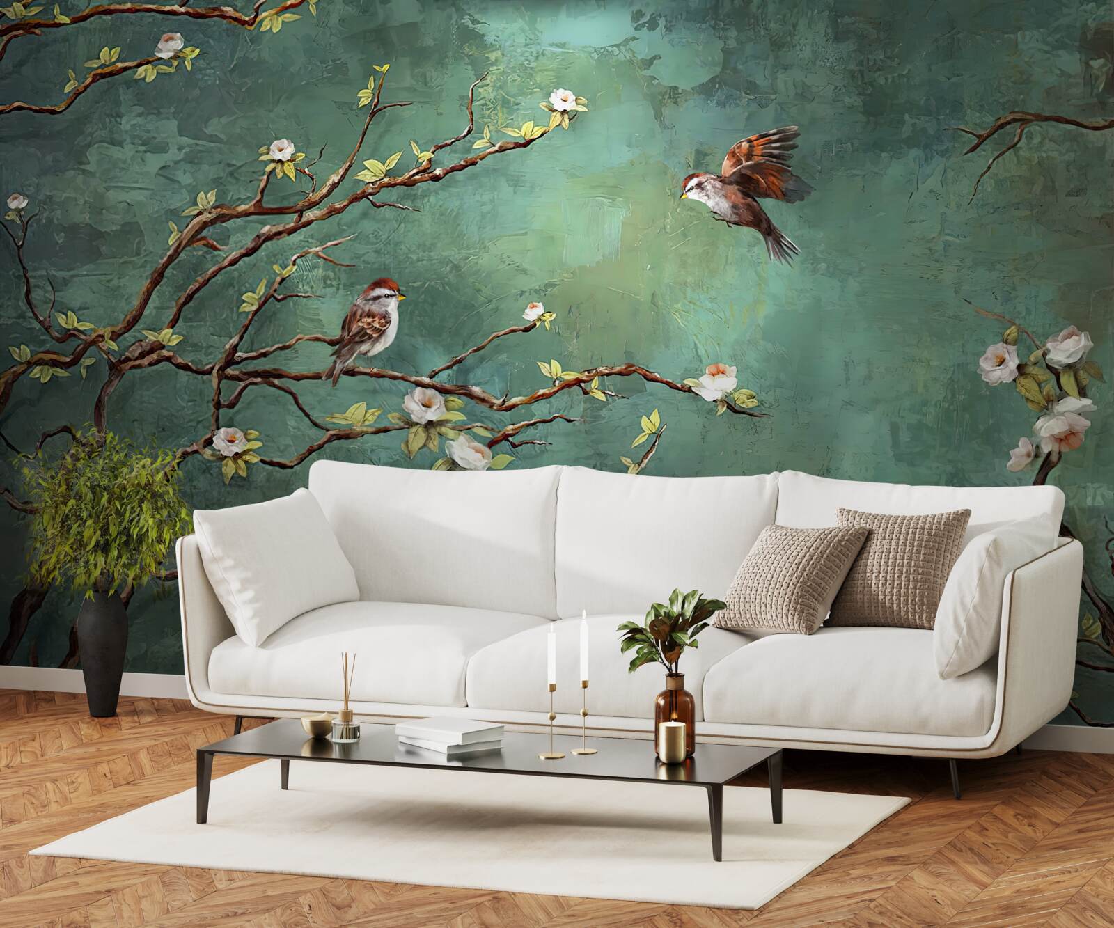 Fotobehang takken zijn bezaaid met vogels