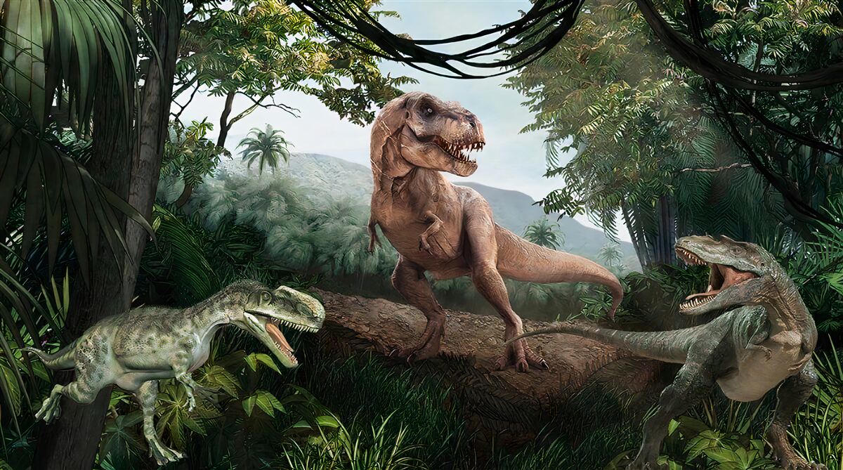 Fotobehang velociraptor, dageraad en prehistorische hagedis