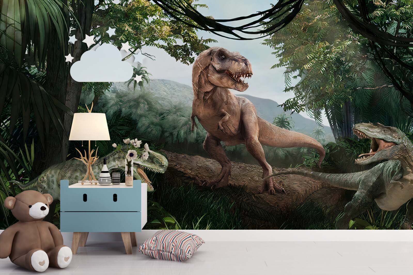 Fotobehang velociraptor, dageraad en prehistorische hagedis