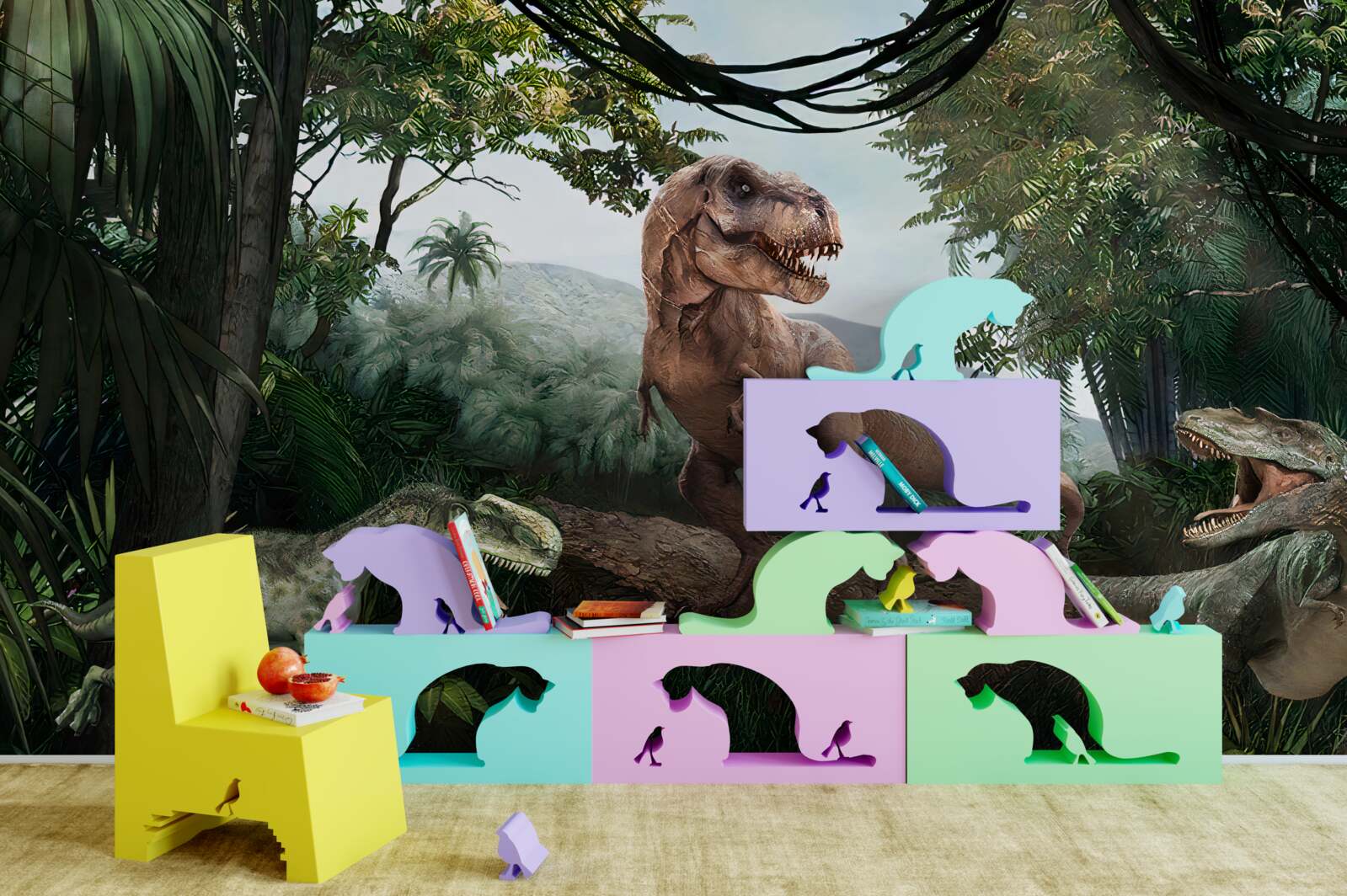 Fotobehang velociraptor, dageraad en prehistorische hagedis