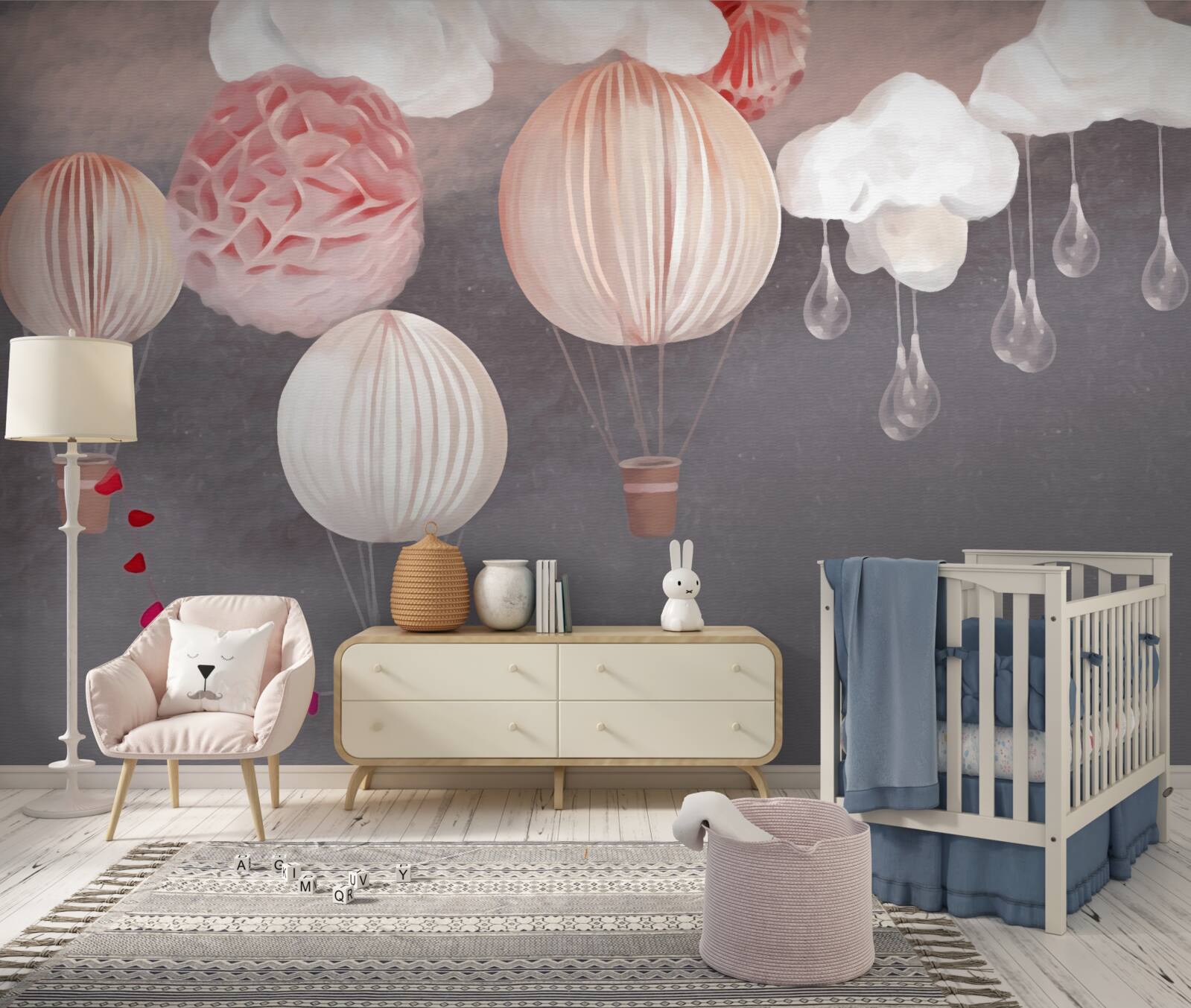 Fotobehang ballen in roze mandjes