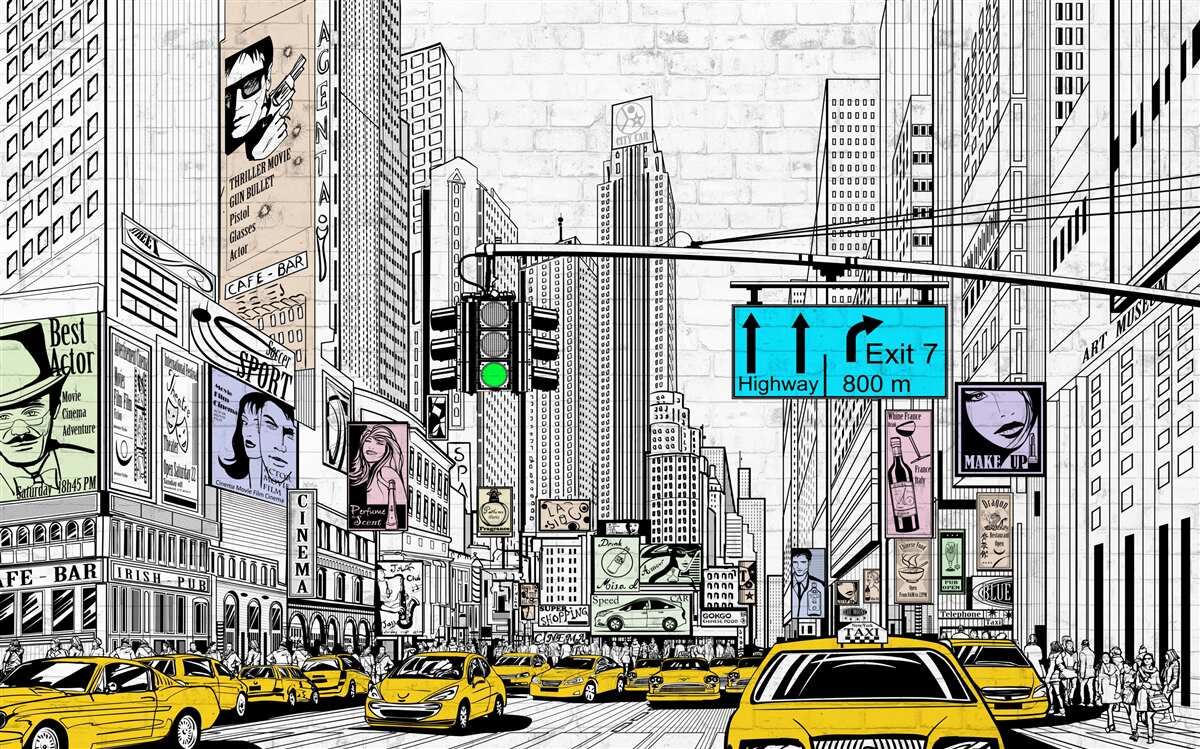 Fotobehang megasteden en bevolkte gebieden zijn geel gemarkeerd