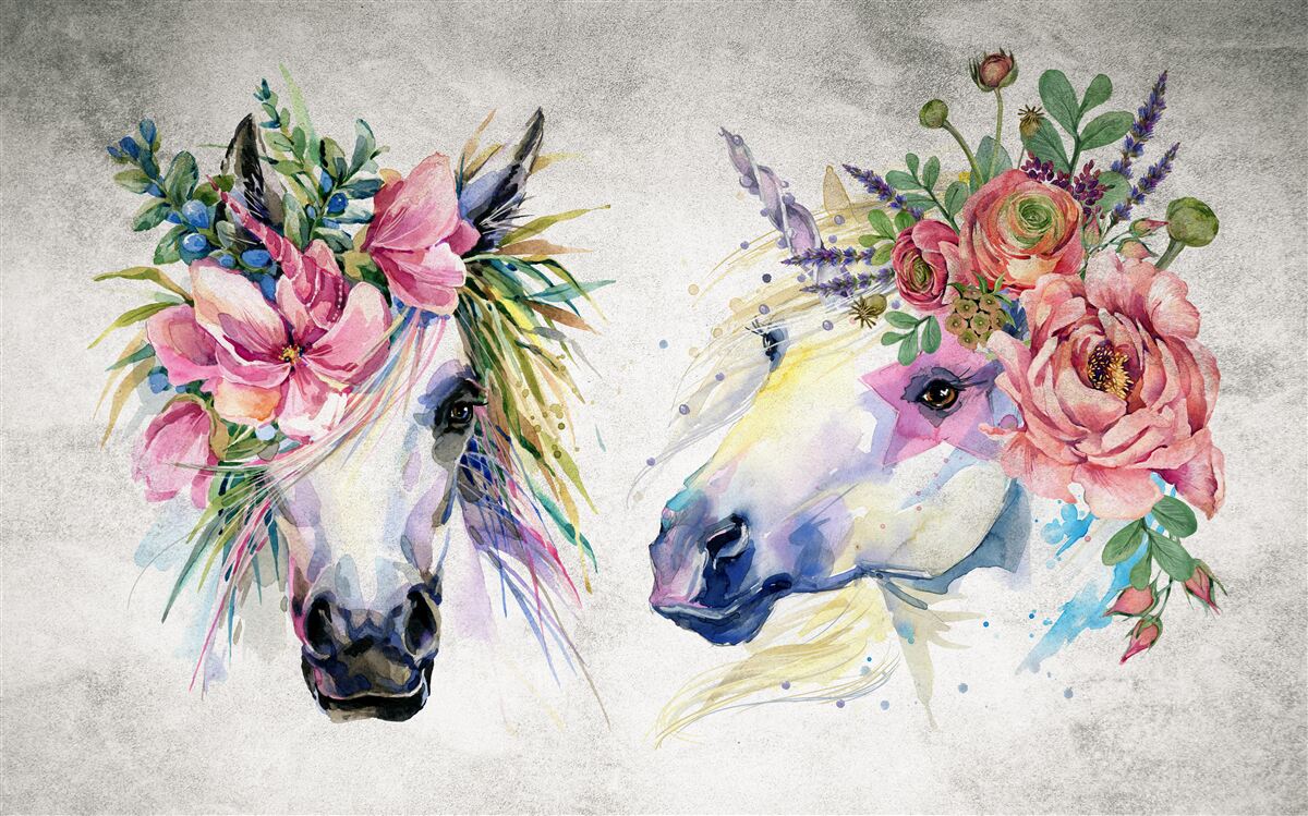 Fotobehang bloemen, aquarelverf en schrijfwaren