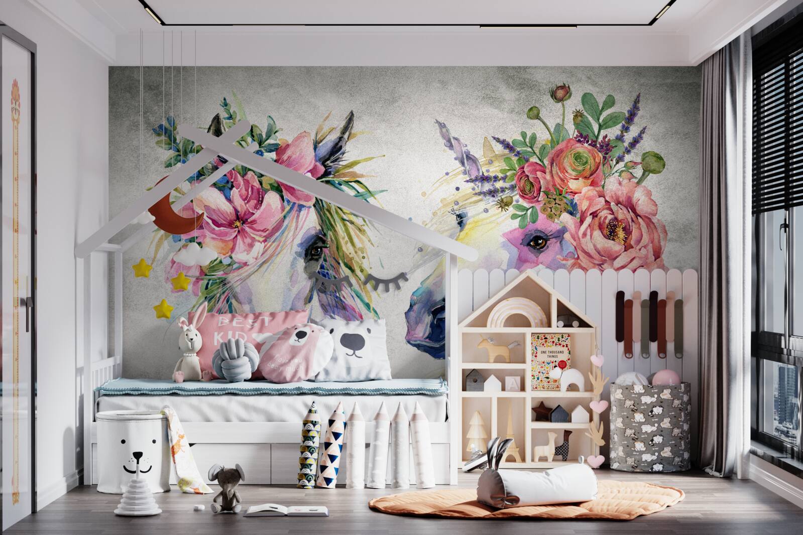 Fotobehang bloemen, aquarelverf en schrijfwaren