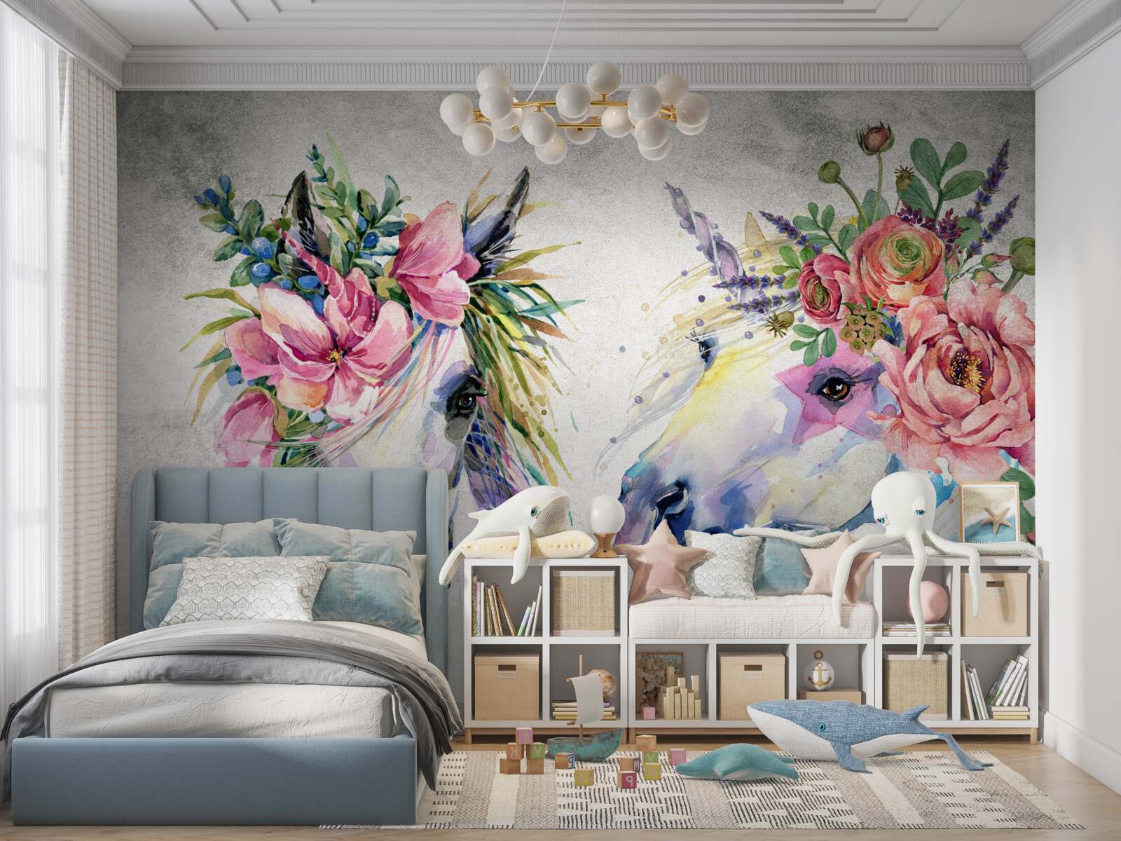 Fotobehang bloemen, aquarelverf en schrijfwaren