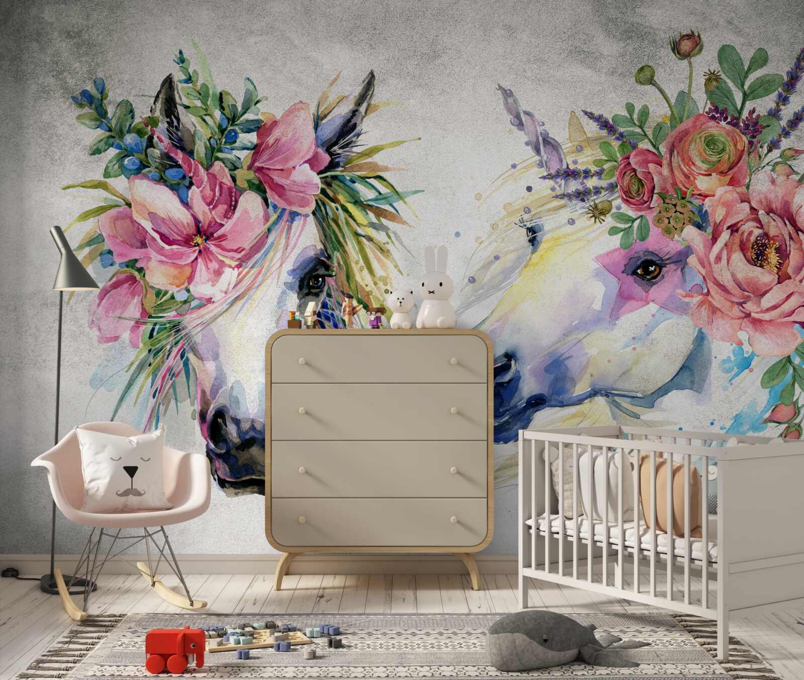 Fotobehang bloemen, aquarelverf en schrijfwaren