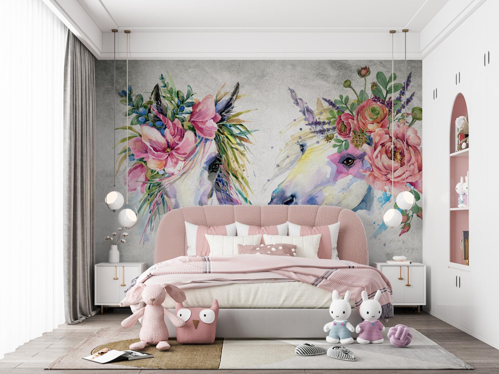 Fotobehang bloemen, aquarelverf en schrijfwaren