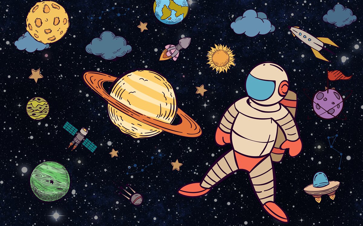 Fotobehang astronaut tussen hemellichamen