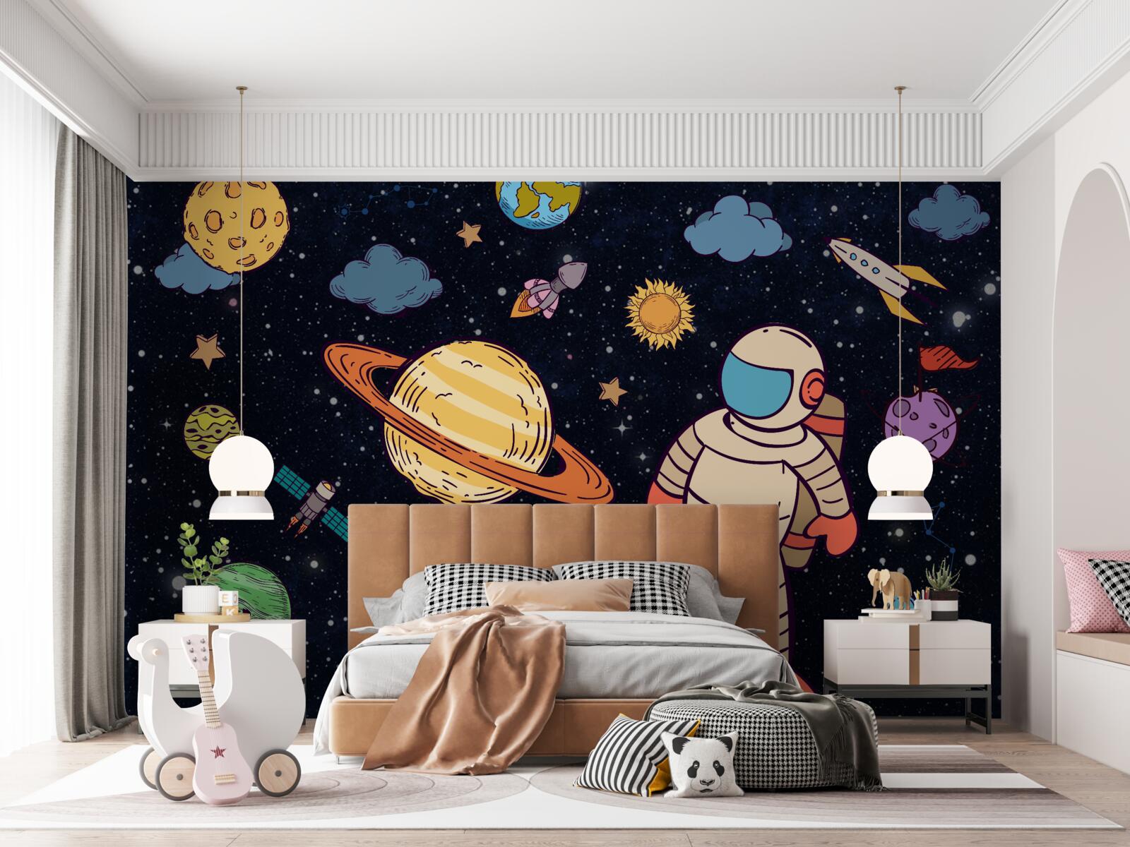 Fotobehang astronaut tussen hemellichamen