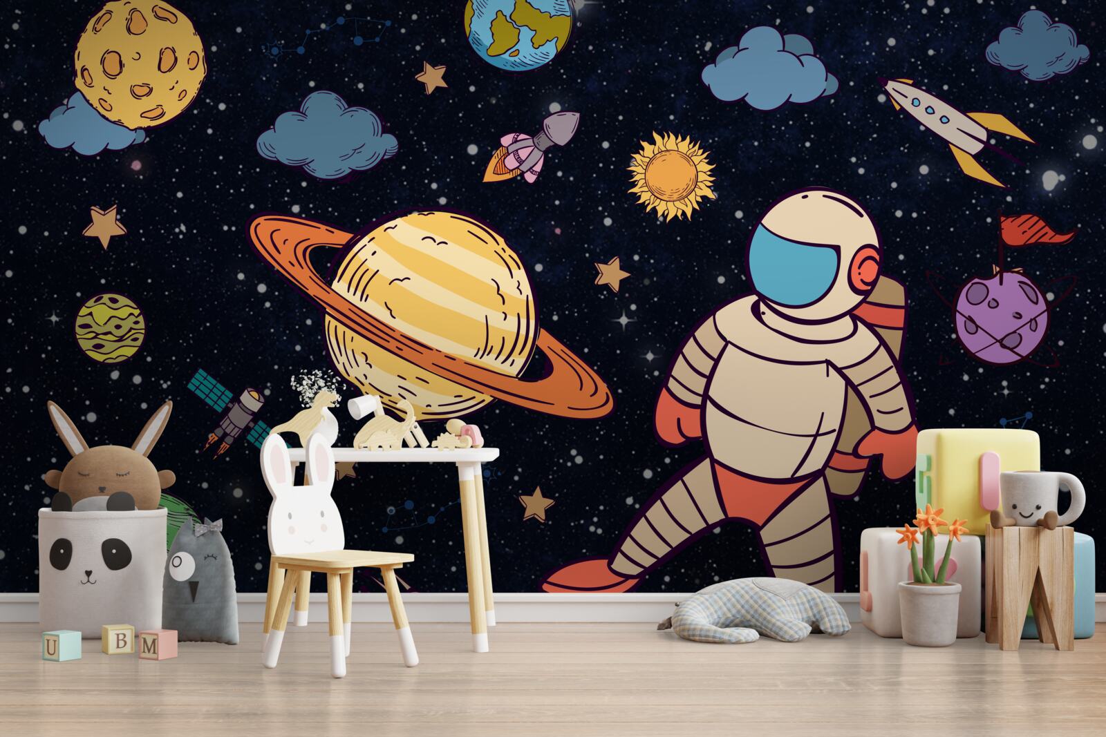 Fotobehang astronaut tussen hemellichamen