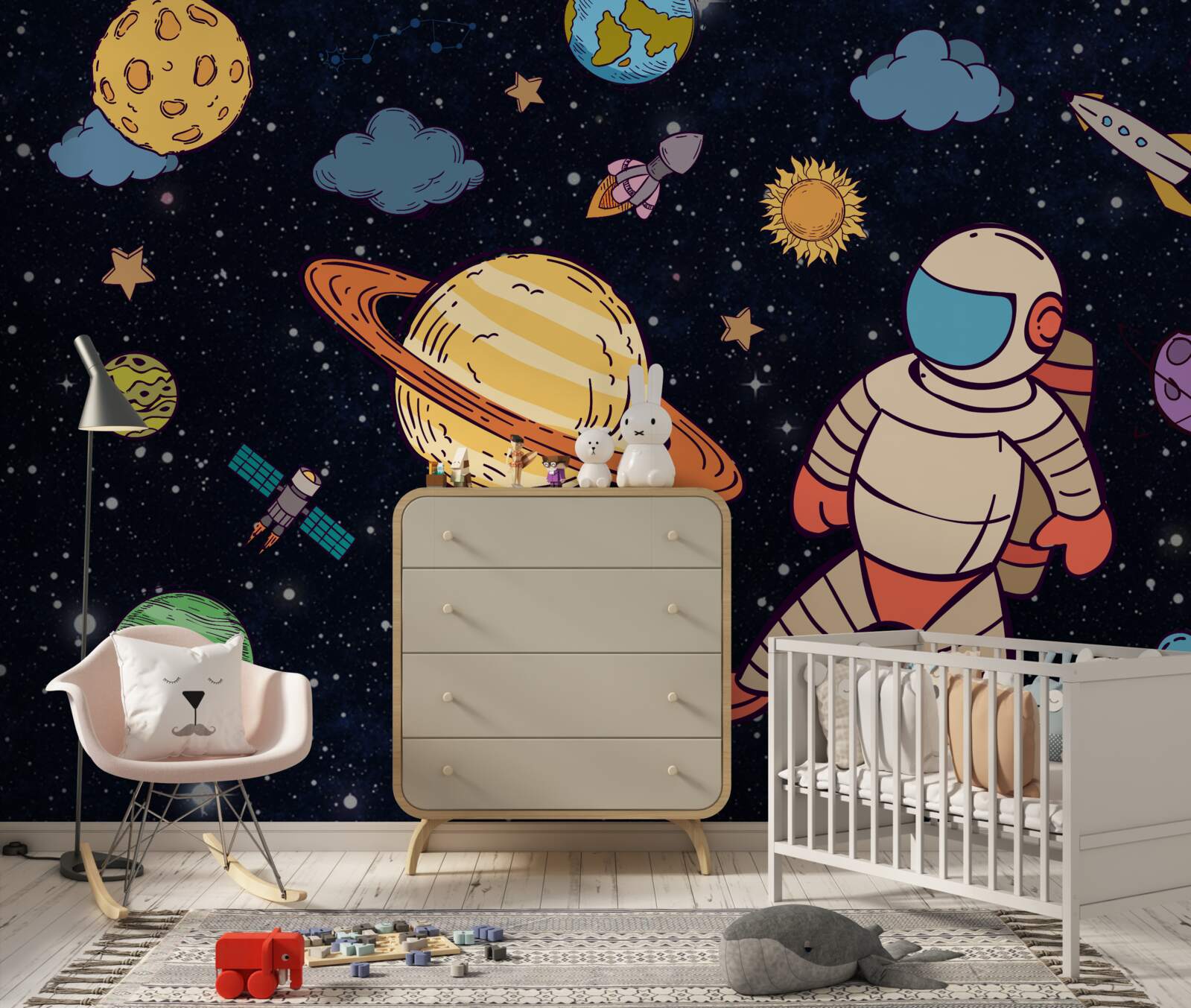 Fotobehang astronaut tussen hemellichamen