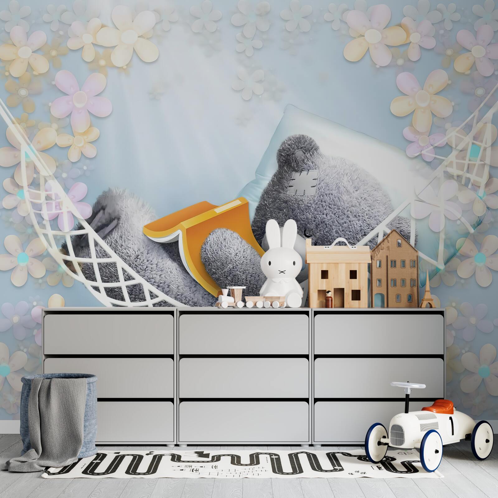 Fotobehang teddybeer zittend in een hangmat