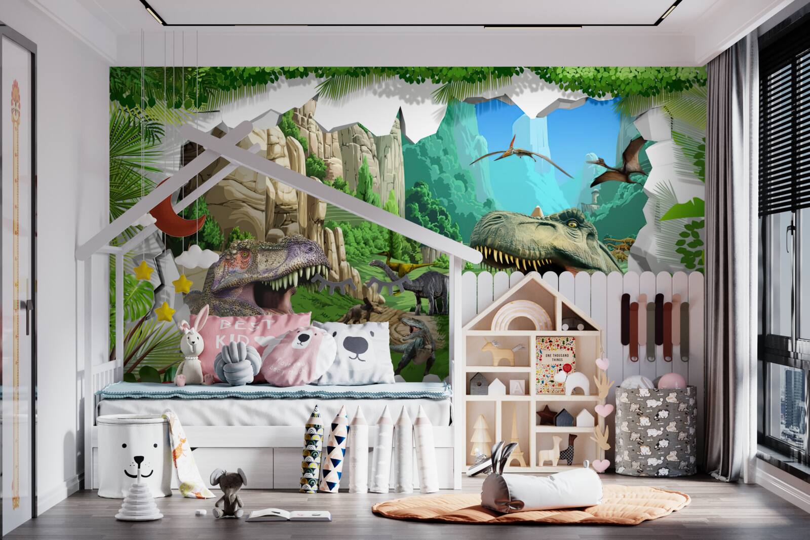 Fotobehang bergen en dinosaurussen