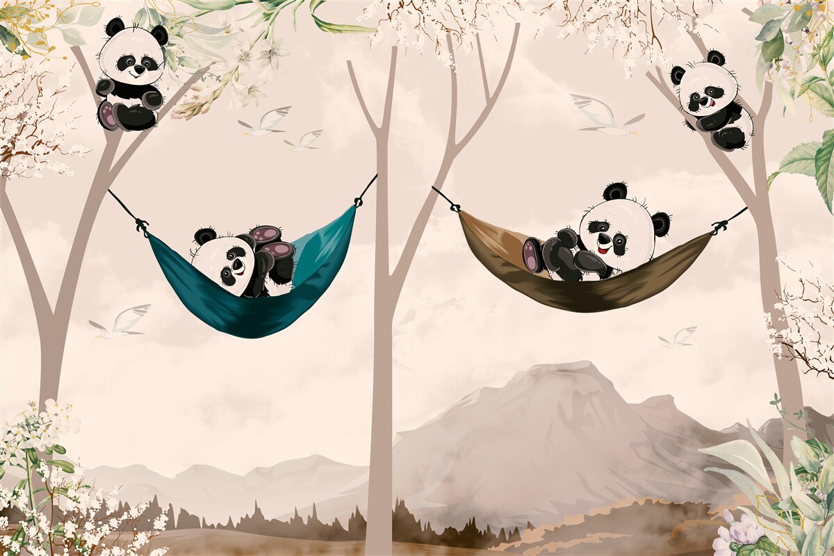 Fotobehang bomen met panda's