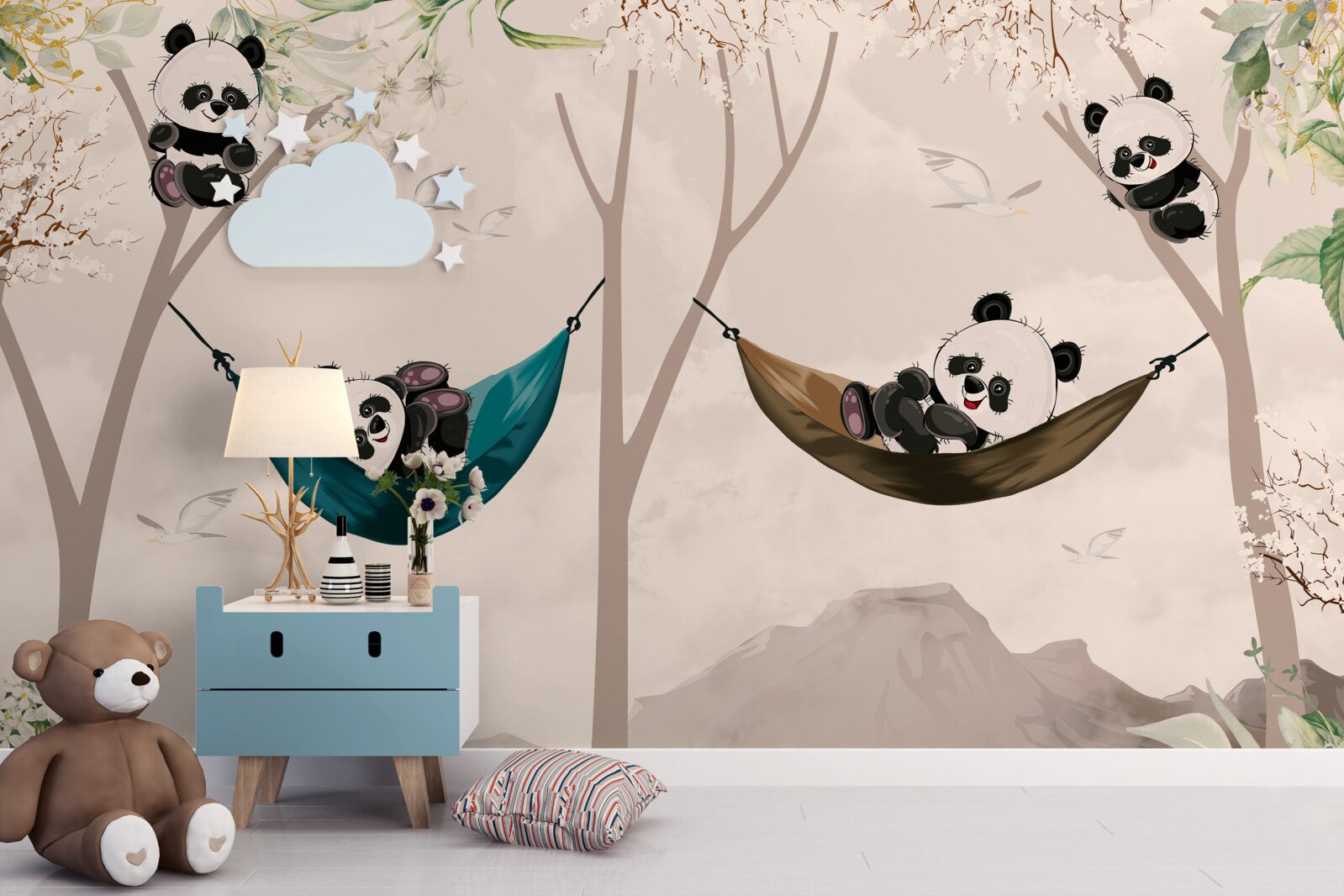 Fotobehang bomen met panda's